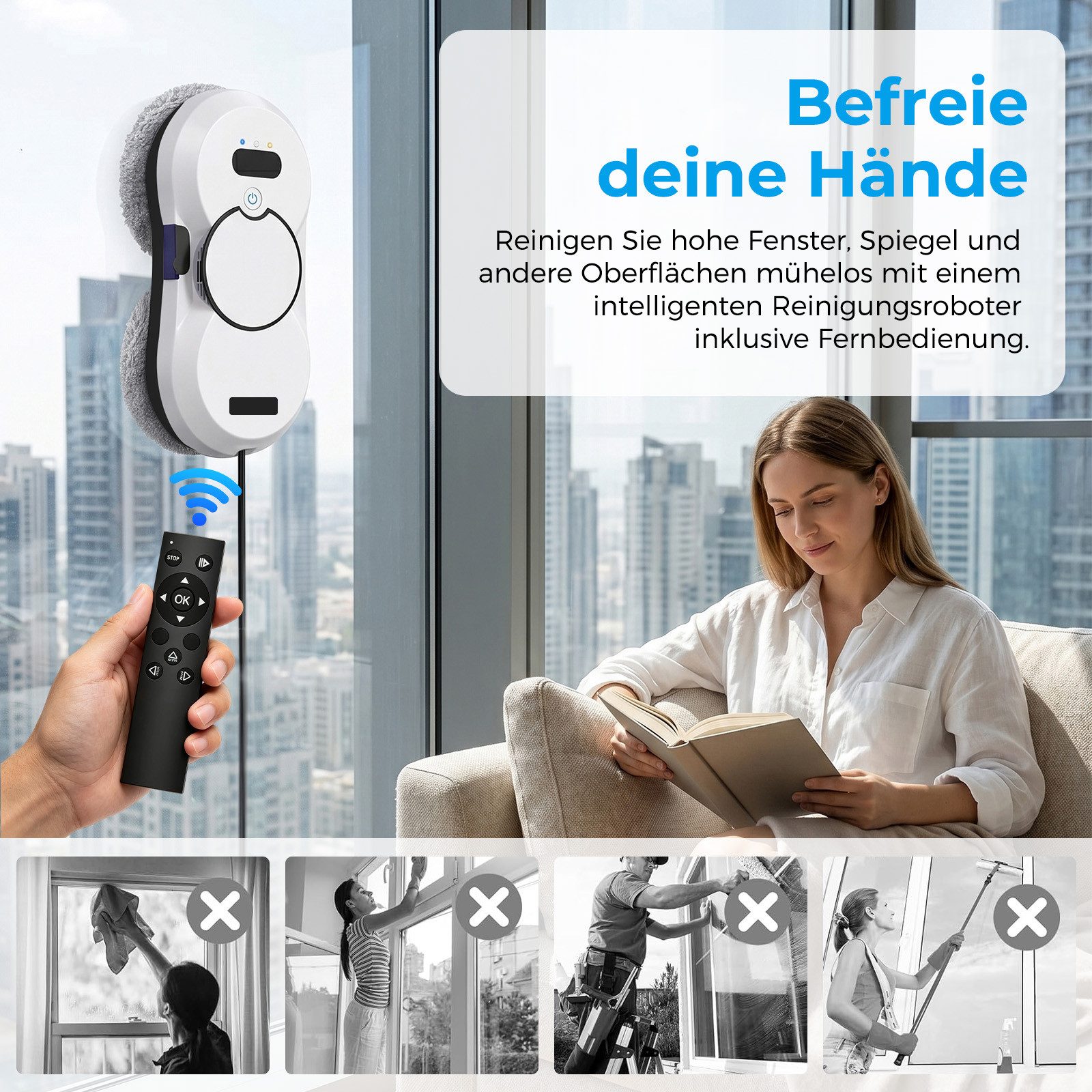 AKKEE Fensterputzroboter mit Automatischem Wasserstrahl, Fenstersauger mit Water Tank, 5600 Pa starker Saugkraft weiß
