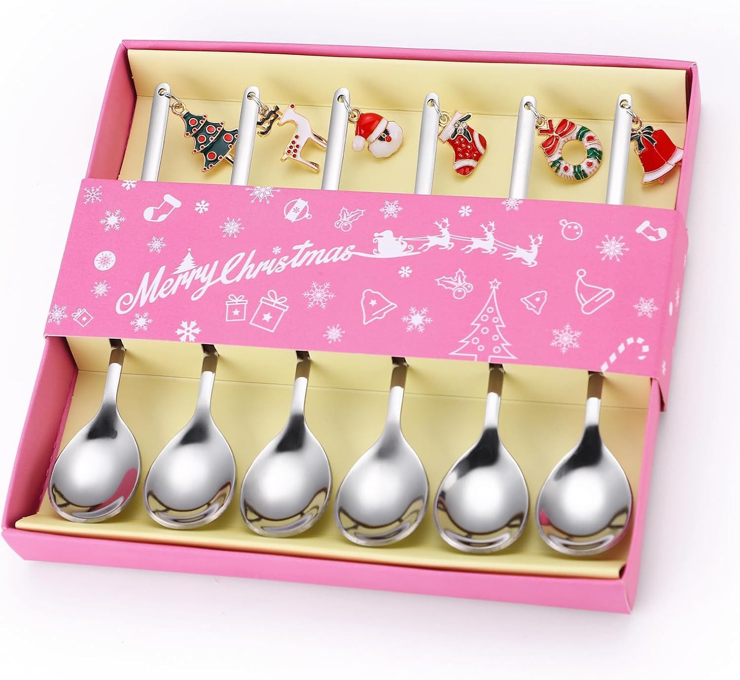 Coonoor Geschirr-Set 6 Stück Edelstahl Weihnachtslöffel Weihnachten Dessertlöffel Teelöffel, Enthält Anhänger: Weihnachtsbaum, Rentier, Weihnachtsmann und Glocke
