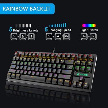 ZIYOU LANG Schwarz Wired Gaming- TKL 80% QWERTY Layout, Tastatur- und Maus-Set, Kompakt 87 Tasten, Klickbarer Blauer Schalter, Regenbogen-LED-Backlit