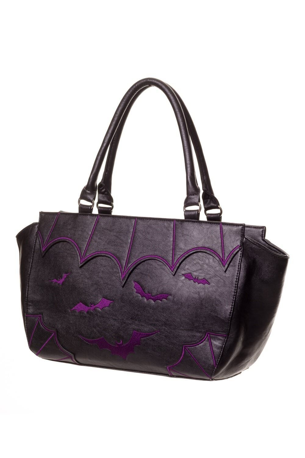 Banned Handtasche Bats Lila, Bestickte Fledermäuse Gothic Shopper