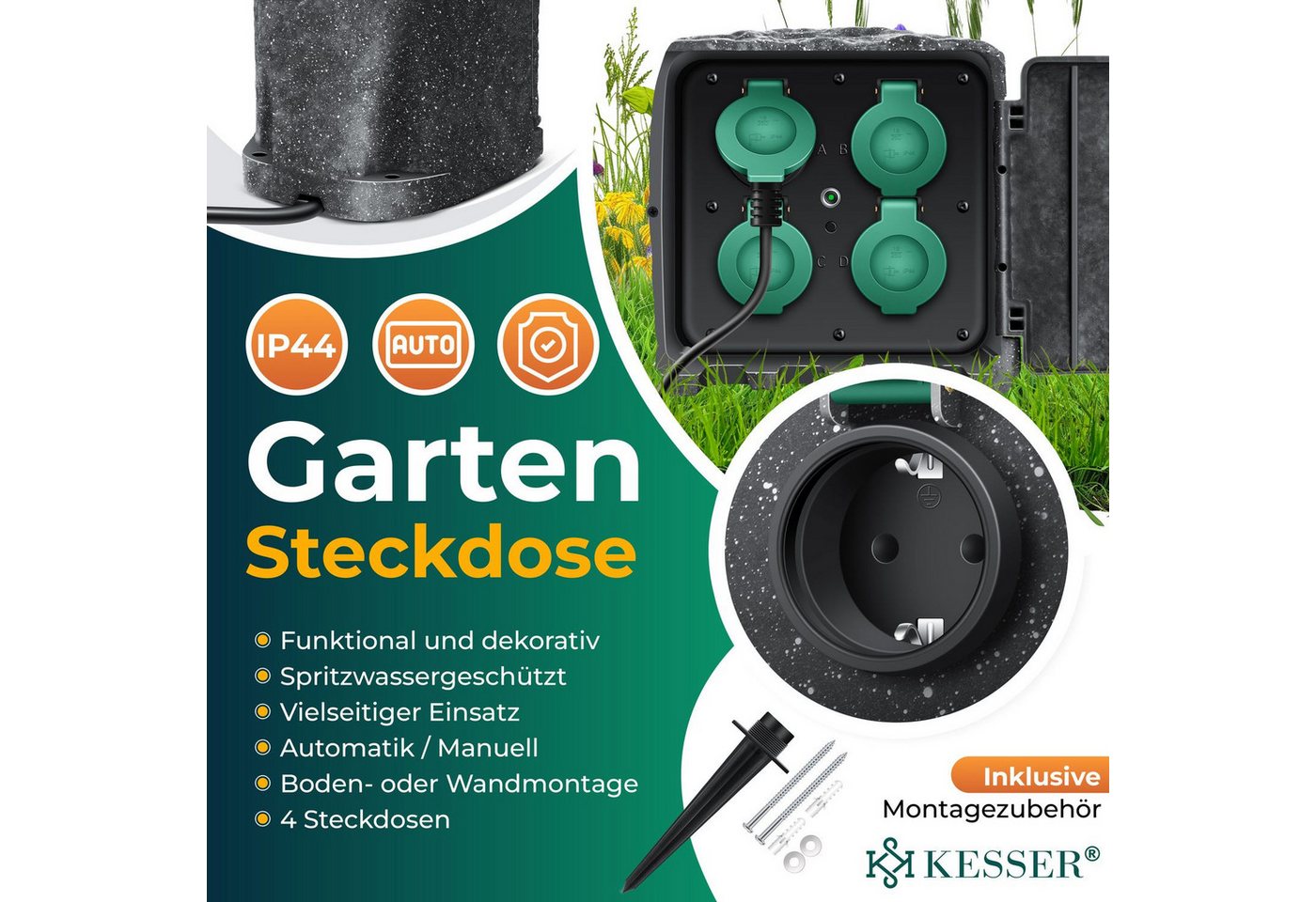 Thumbnail - KESSER Gartensteckdose, Gartensteckdose Steinoptik mit Steckplätzen mit WiFi Fun