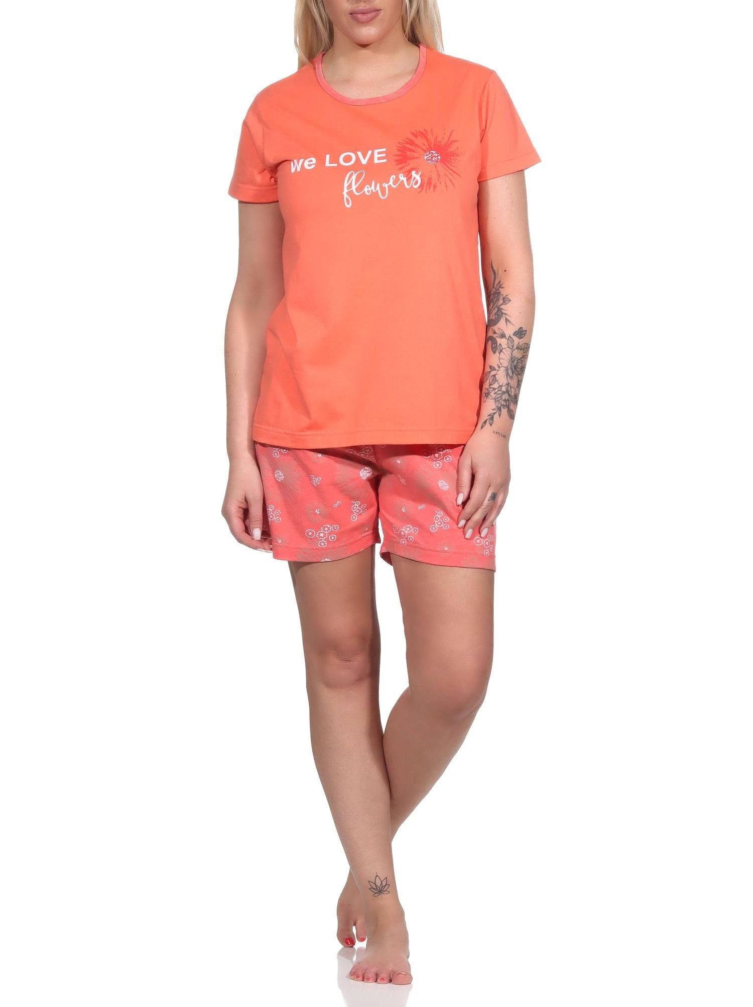 Normann Pyjama Floraler Damen Shorty Schlafanzug kurz mit Schriftzug