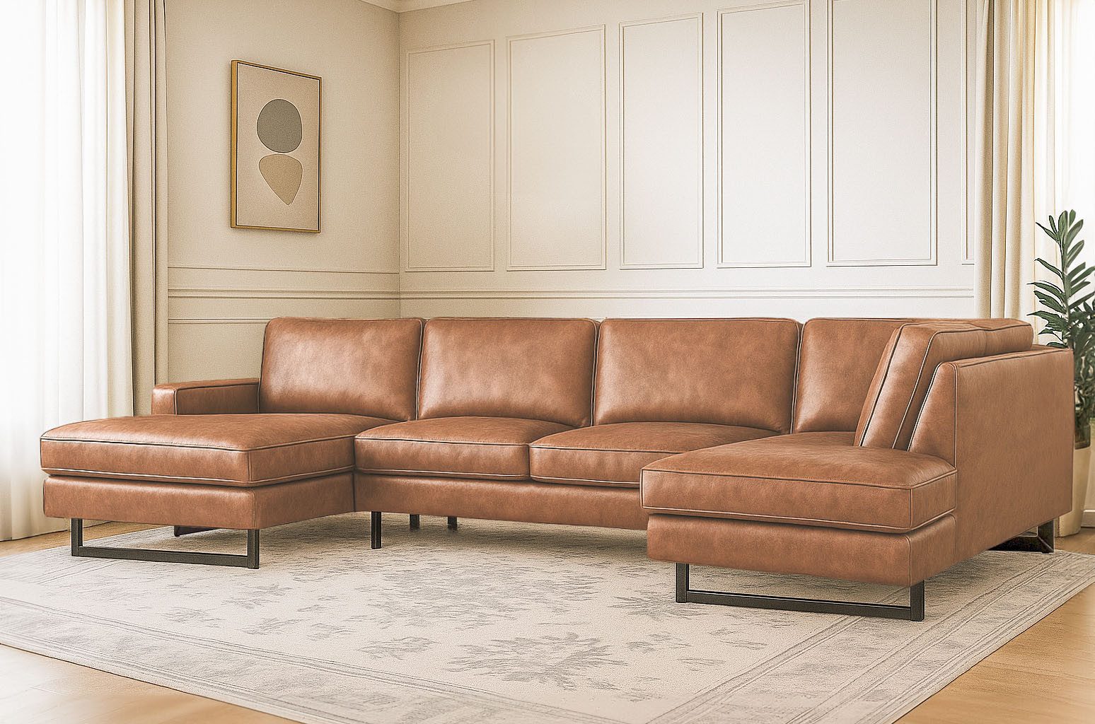 Home affaire Wohnlandschaft Pinto, 350 cm, U-Form, XXL, mit Ottomanen, Cord, Chenille, Lederoptik, mit Keder, Metallfüße, Wellenunterfederung