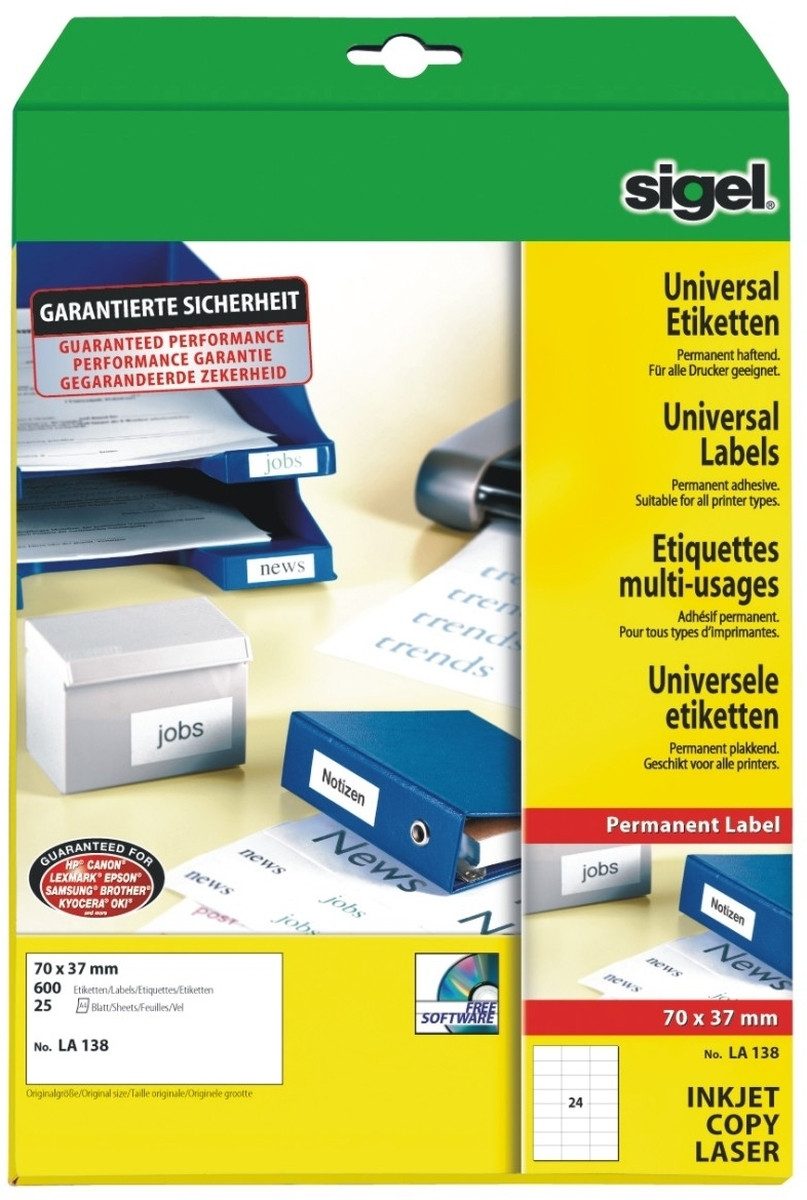 Sigel Etiketten Etiketten Inkjet/Laser Kopier 70x37mm VE=600 Stück (25 Blatt) weiß