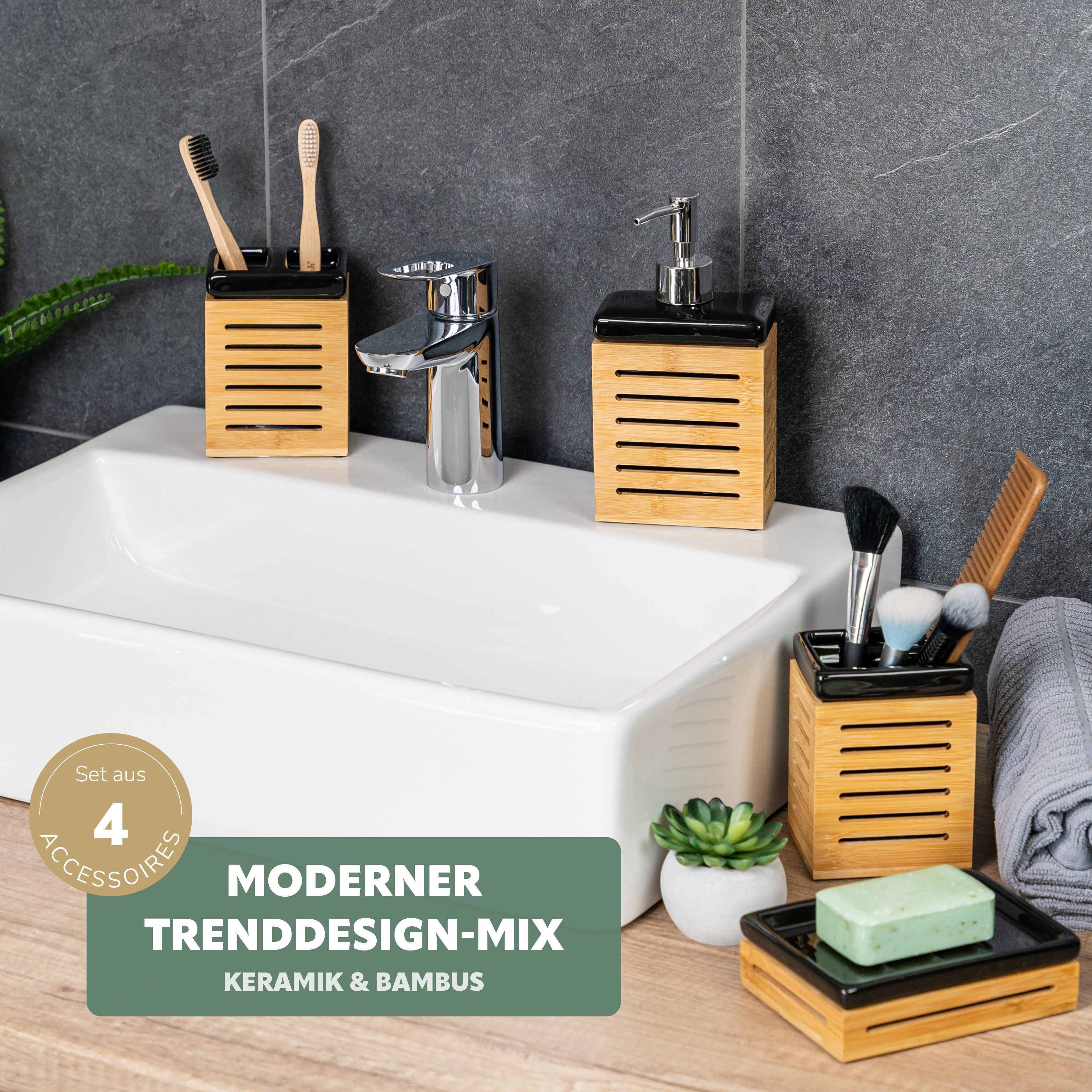 bremermann Badaccessoire-Set Badezimmer-Set 4-tlg., Bambus, Keramik, schwar günstig online kaufen