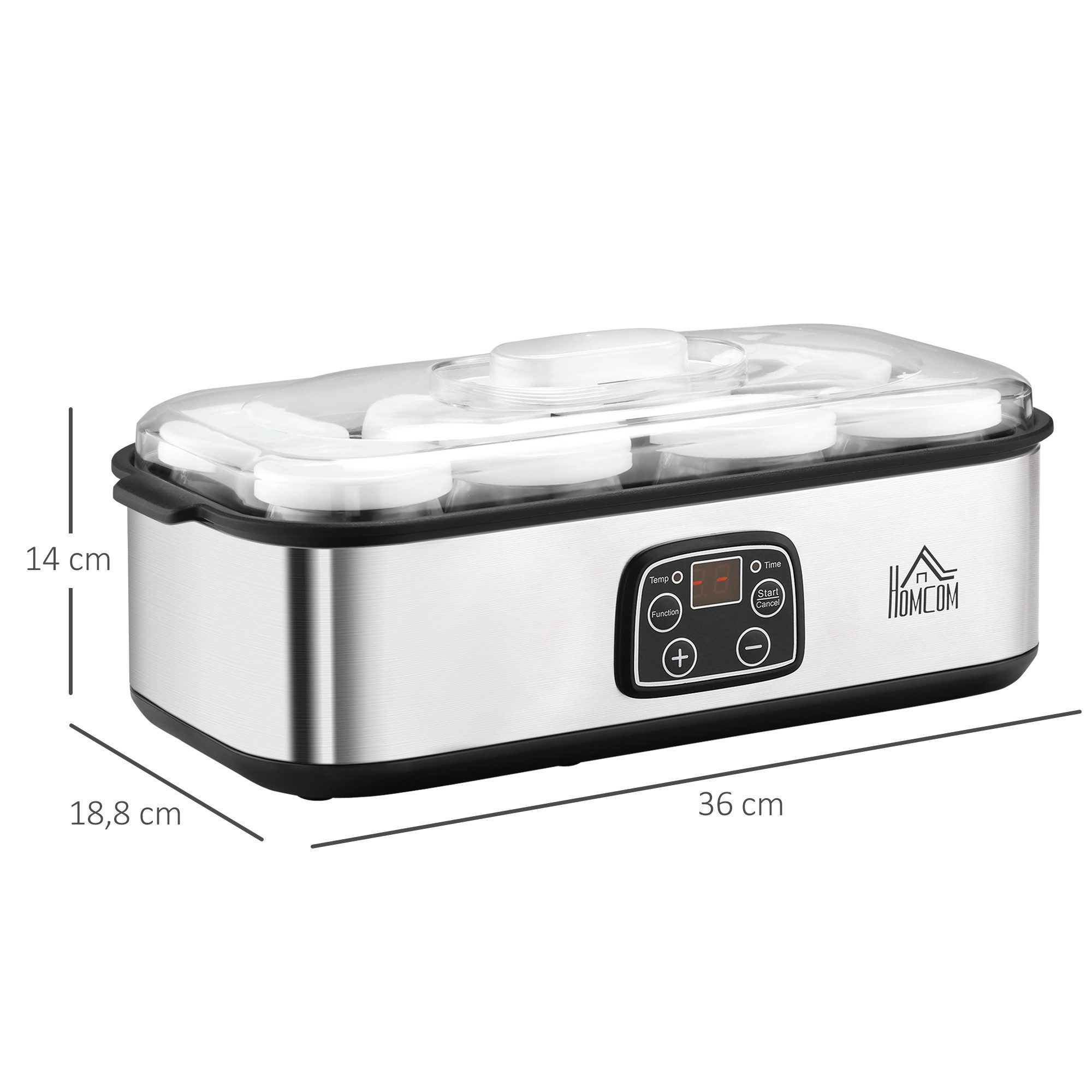 HOMCOM Joghurtbereiter Griechische Joghurtmaschine, Joghurt Maker für 1,4 L, LCD Timer, 8 Portionsbehälter, je 180 ml, PC PP-Kunststoff Edelstahl Glas Silber 36 – Bild 3 von 5