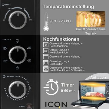 ICQN Minibackofen 50L mit Umluft, 1800 W, Drehspieß, Innenbeleuchtung, Pizzaofen, 60 Min Timer, inkl. Backblech Set, Mini-Ofen