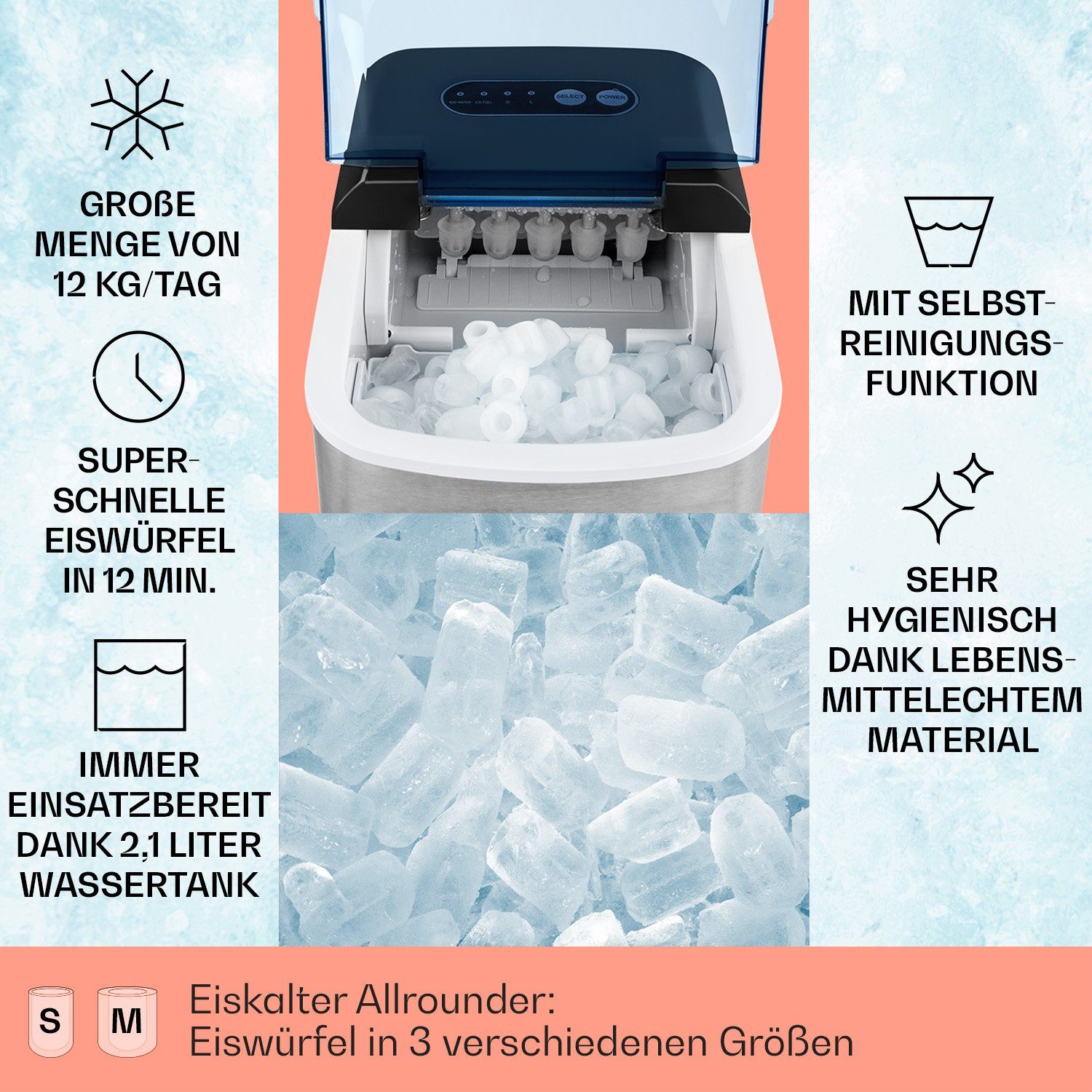 Klarstein Eiswürfelmaschine On-The-Rocks Eiswürfelbereiter, Edelstahl Bulleteis für Zuhause 12kg/Tag LED 2,1 L Eiswürfelgerät