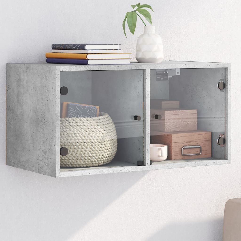 furnicato Wandhängeschrank Wandschrank Betongrau 68,5x37x35 cm aus Holzwerkstoff und Glas, 1-tlg., Stabile Hängeschrank-Vitrine mit Glastüren und viel Stauraum