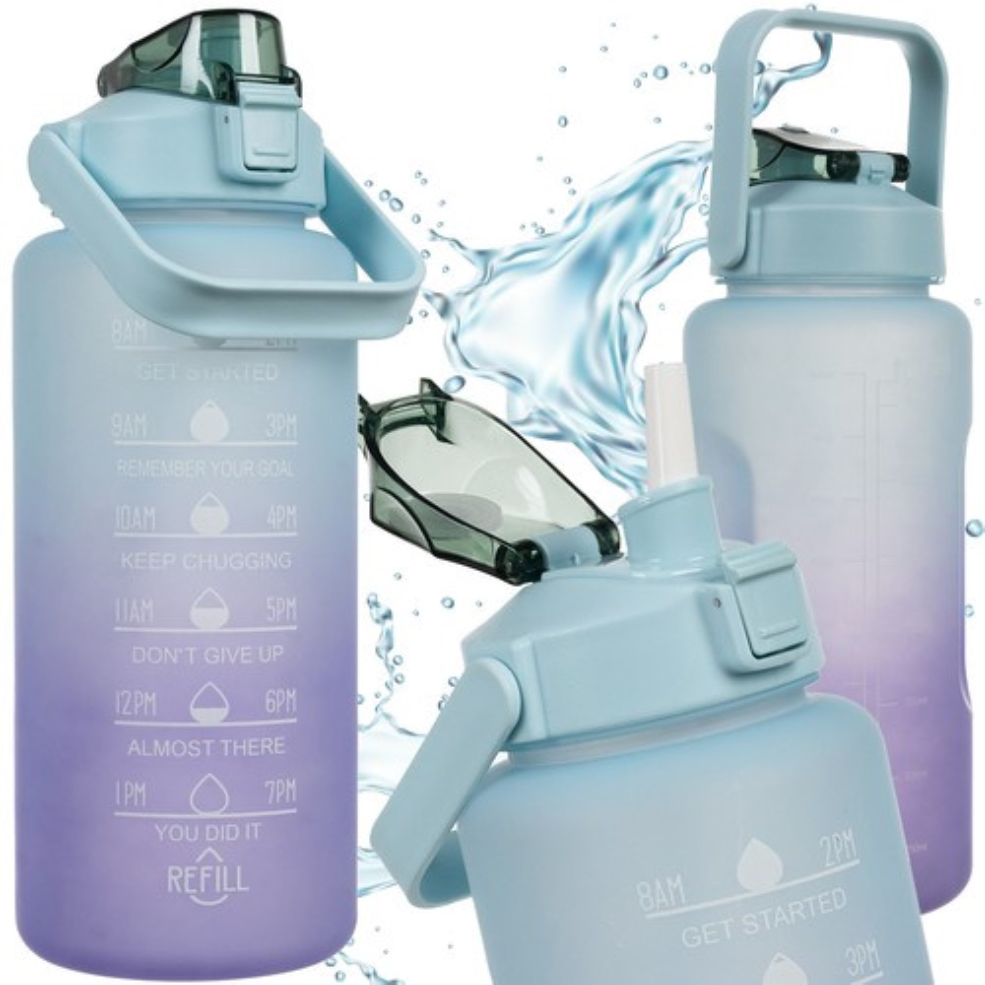 Trizand Trinkflasche Motivationswasserflasche 2L lila-blau BPA-frei mit Tragegriff, 2L Motivationsflasche, auslaufsicher, mit Zeit- & Mengenmarkierung