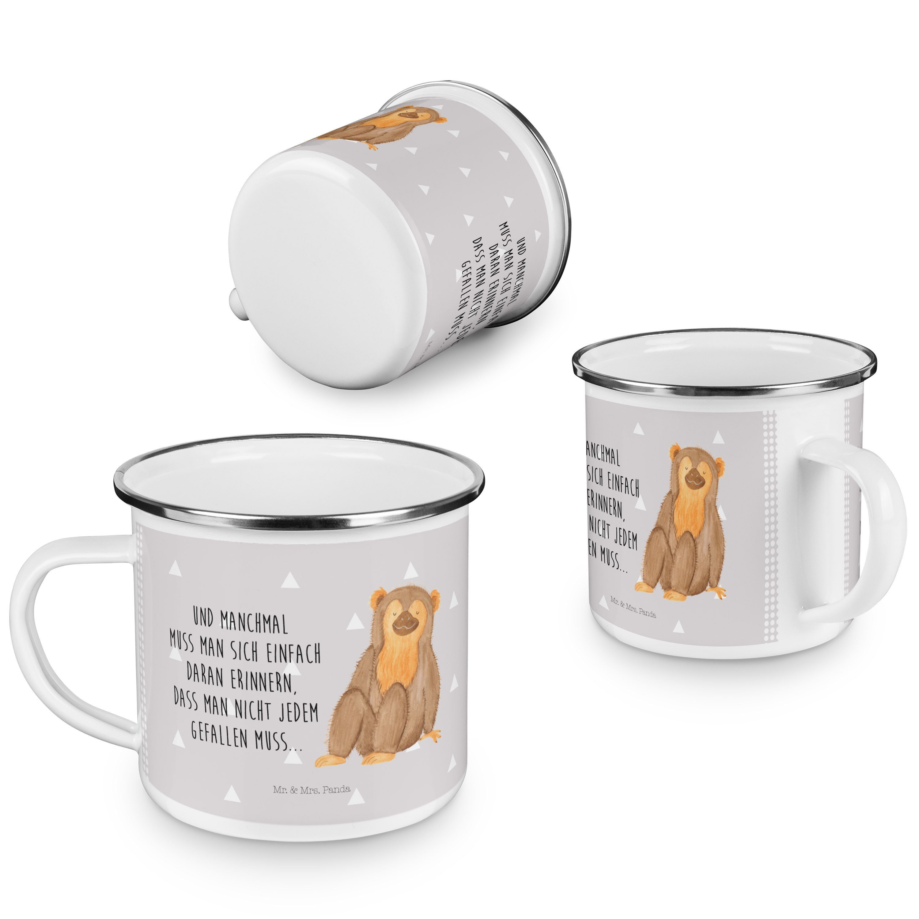 - Becher & Emaille Mr. Affe Campingbecher, Geschenk, Pastell - Emaille Äffchen, Outdo, Mrs. Panda Grau