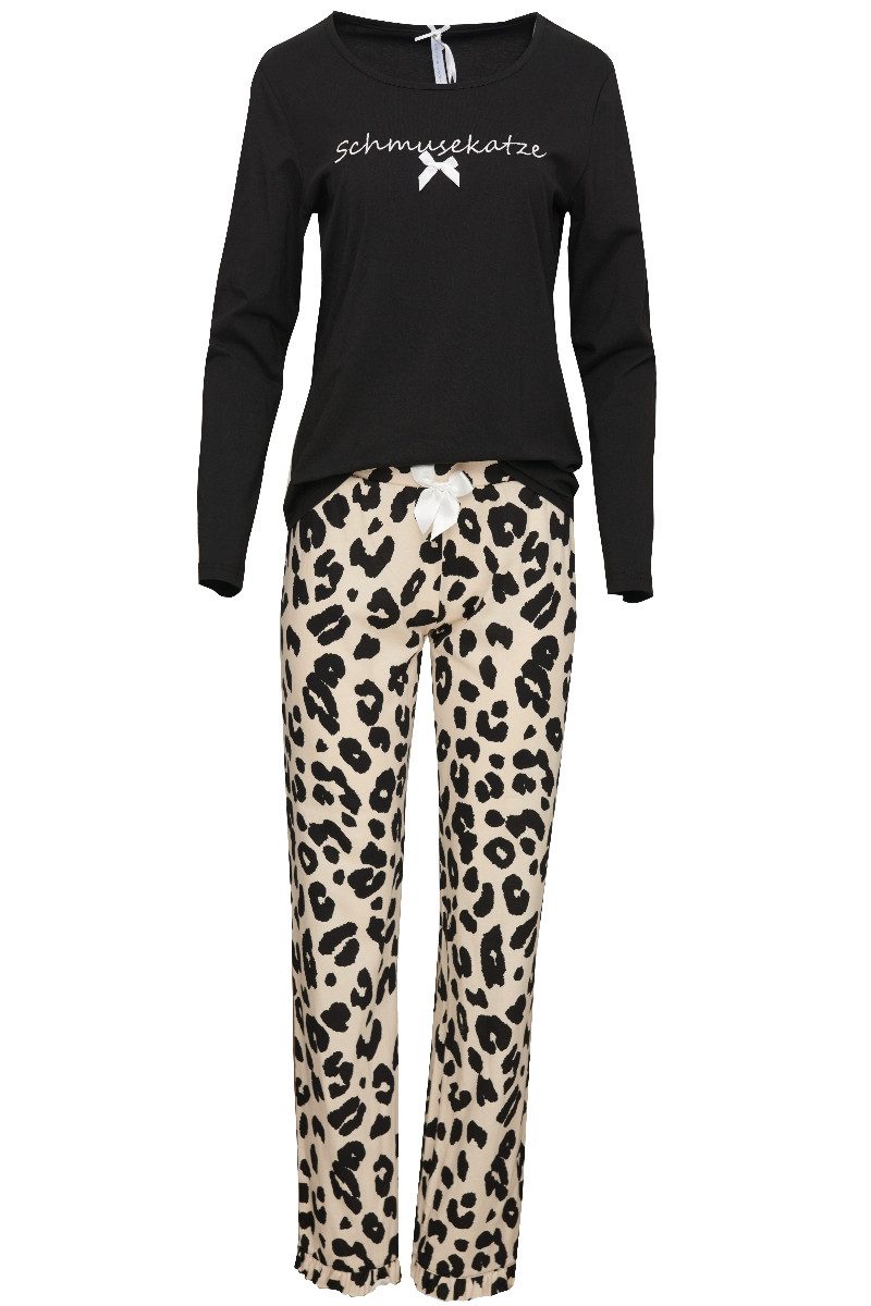 Louis & Louisa Schlafanzug Pyjama Damen - SCHMUSEKATZE LA - schwarz/leo günstig online kaufen