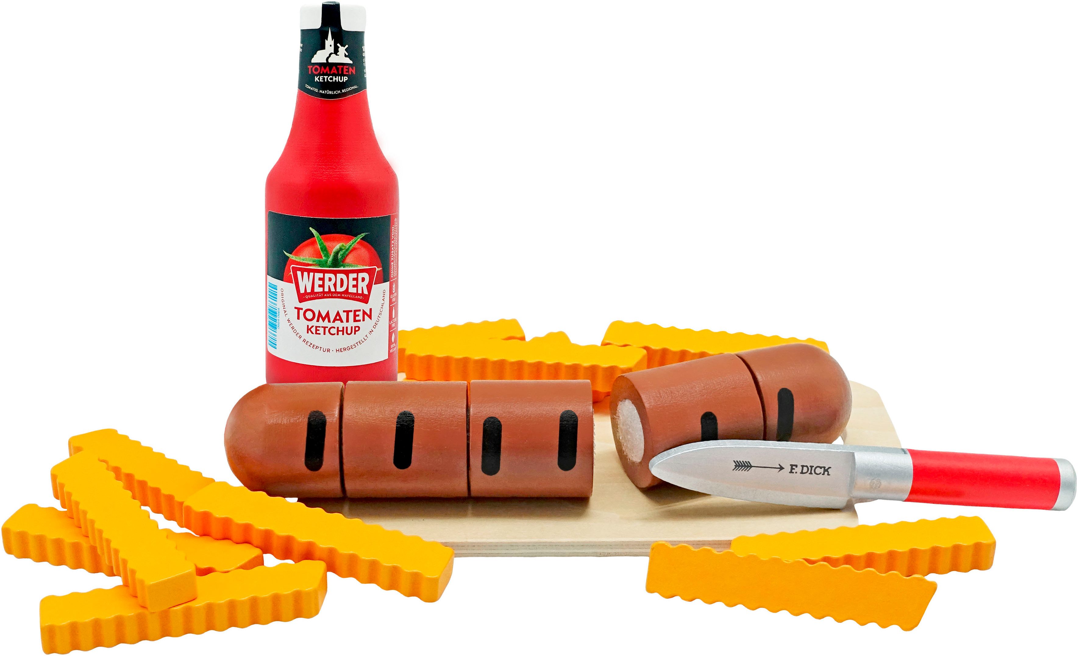 Tanner Spiellebensmittel Bratwurst zum Schneiden mit Pommes und Werder Ketchup, aus Holz, FSC® - schützt Wald