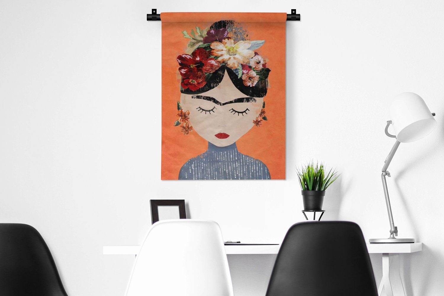 MuchoWow Blumen, Wanddekoobjekt - Porträt - Deko Kahlo für - Orange an der Schlafzimmer Wand, - Wohnzimmer, Frau Frida Tapisserie,