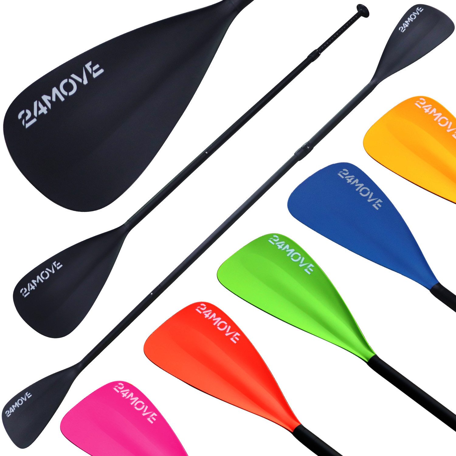 24Move Doppelpaddel, Premium Stand Up Paddle Aluminium, verstellbar, 4-teilig SUP-Paddel, (2 in 1 Paket, als Einzelpaddel oder Doppeltes Paddel, schwarz), für Paddelboards, Kajakboot und Ruderboot, universell einsetzbar