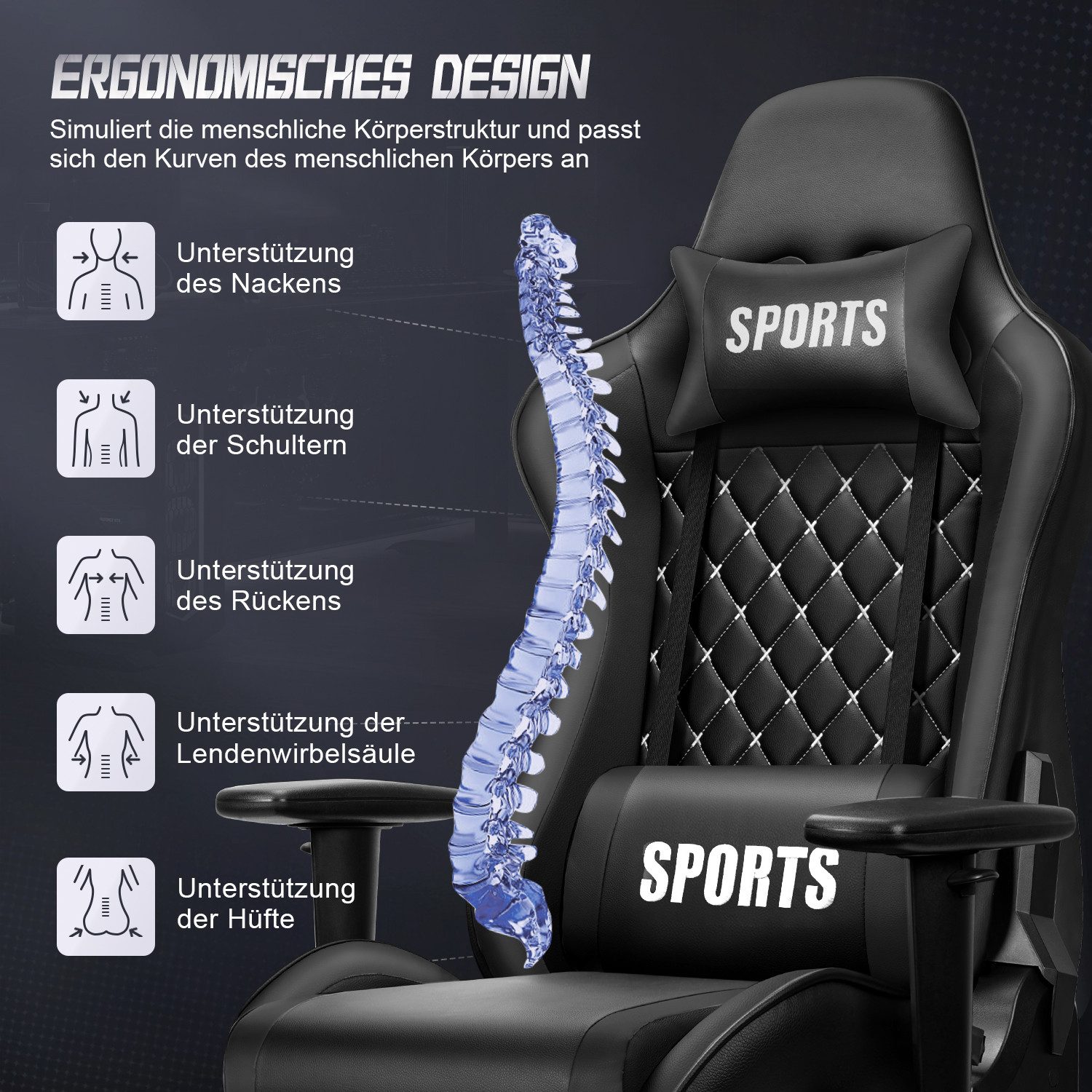 Adormii Gaming-Stuhl Gaming stuhl, ergonomisch Gaming chair, 90°–170° neig- und arretierbar (Mit Kopfstütze und Lendenkissen, verstellbaren Armlehnen, höhenverstellbarem Sitz, belastbar bis zu 150 kg), Höhenverstellbar, Armlehnen verstellbar, Abriebfestiges Leder, 150KG