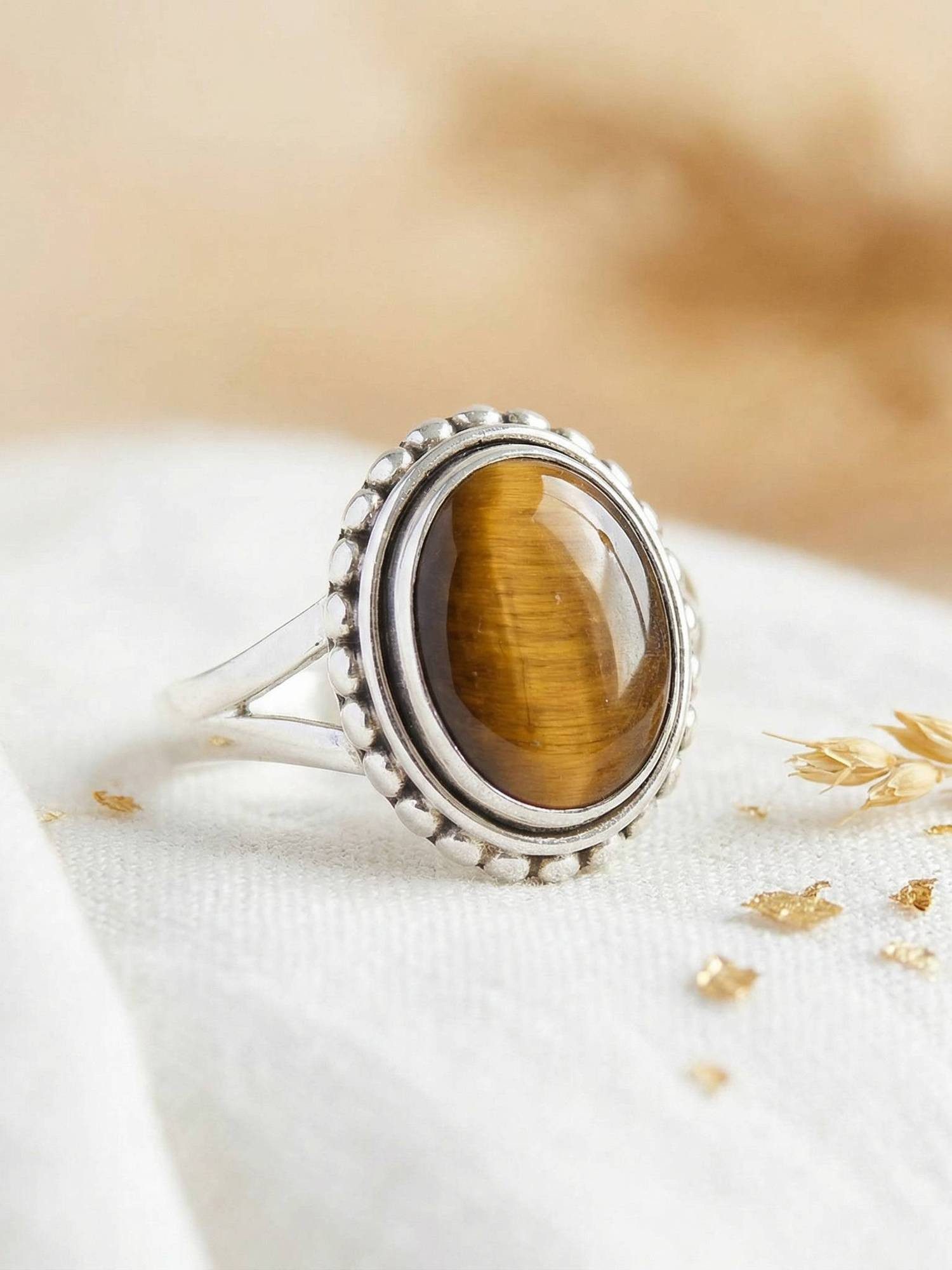 mantraroma Silberring GAMSA aus 925 Silber mit Tigerauge (Ring mit Schmuckbeutel), Damenring aus 925er Silber