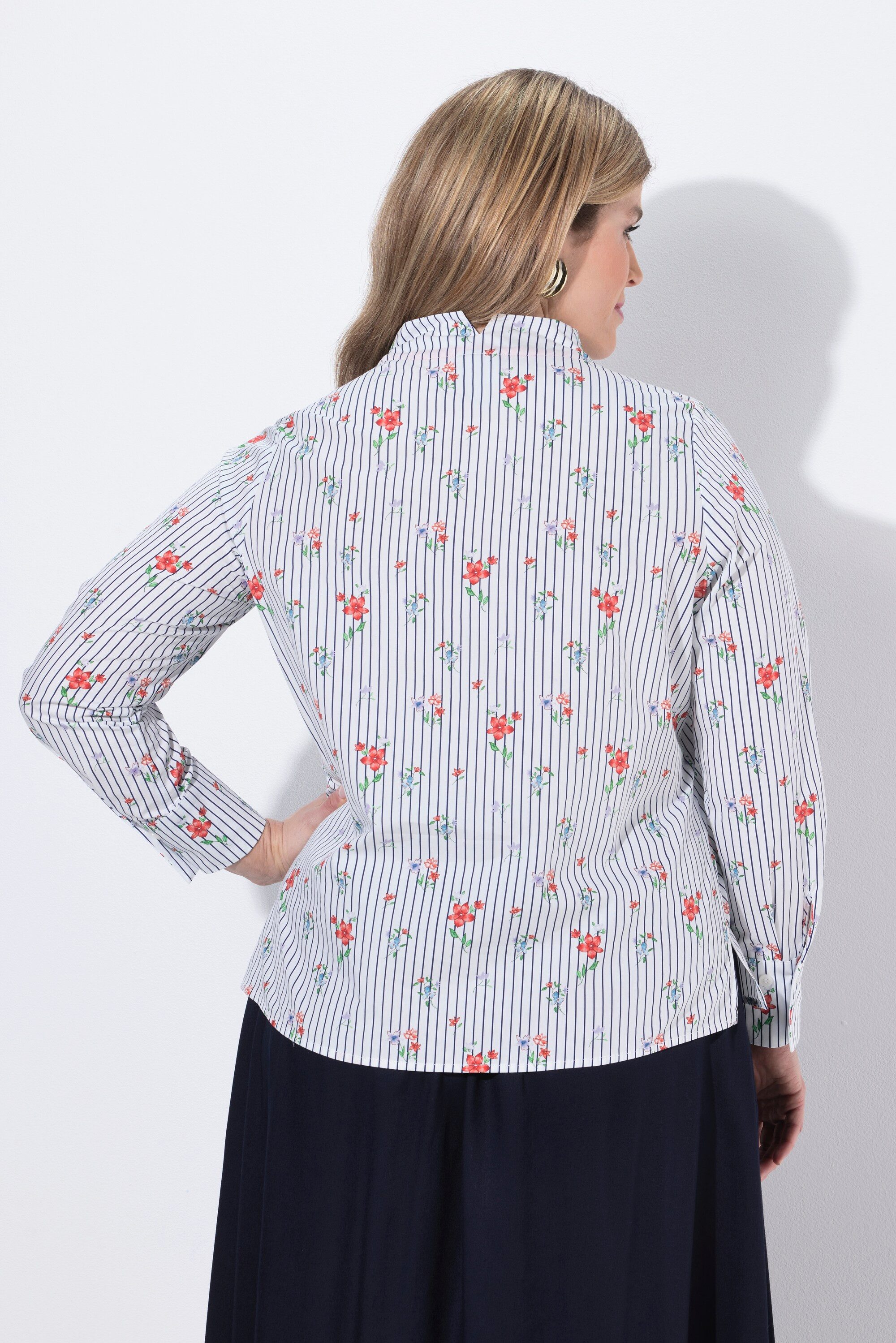 Ulla Popken Longbluse Bluse Streifen Kelchkragen V-Ausschnitt Langarm