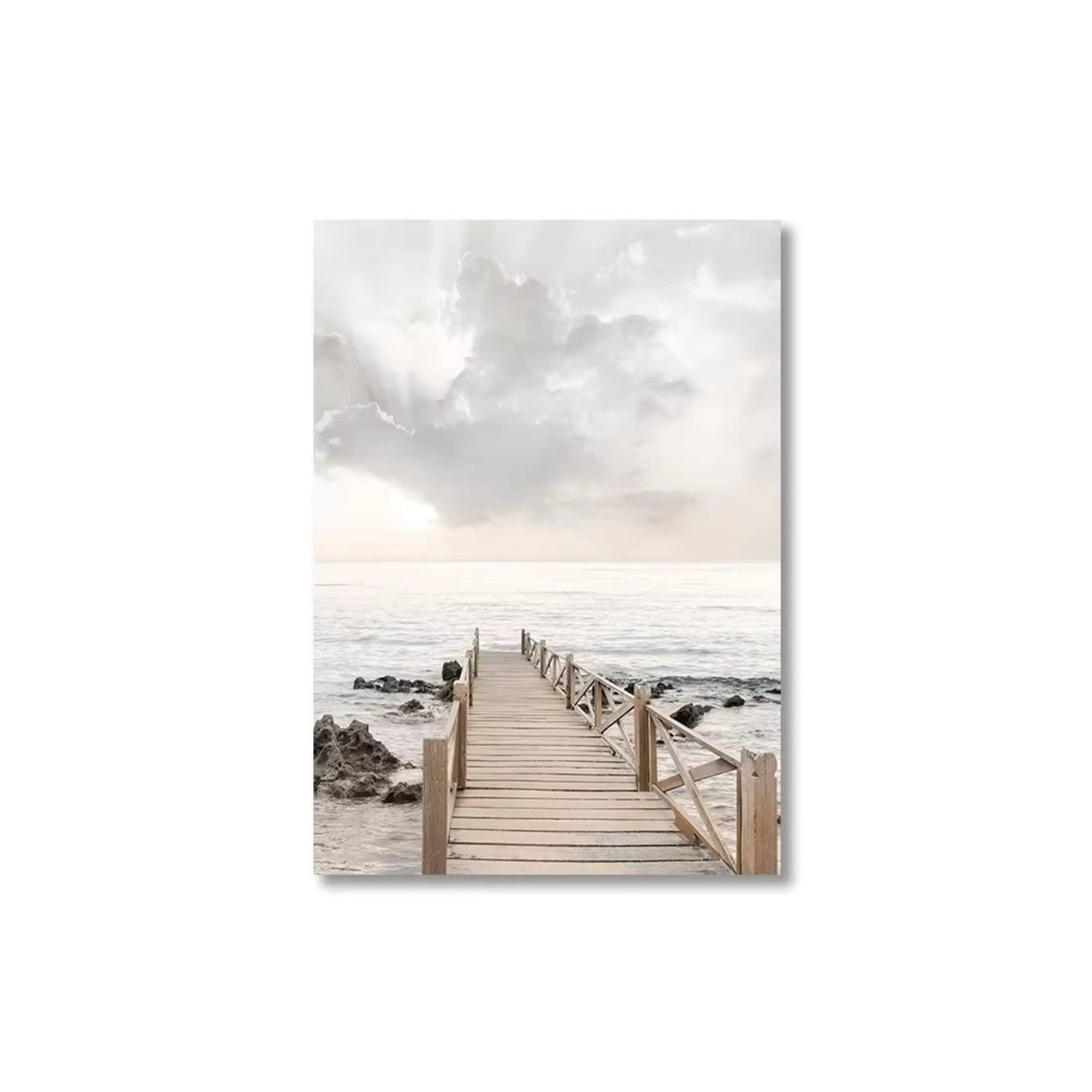 TPFLiving Kunstdruck OHNE RAHMEN, See See Brücke Leinwand Malerei Herbst Landschaft Strand (Leinwandbild XXL), Farben: Farben: beige, weiß -Größe: 20x30cm