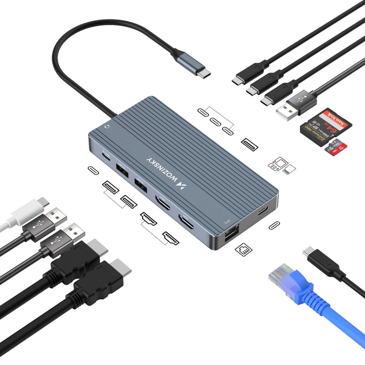 Wozinsky WDS03Y5S USB-Adapter HDMI, DisplayPort zu USB-C, 15 cm, 14-in-1 USB-C Hub mit 3 Monitoranschlüssen & 100 W PD