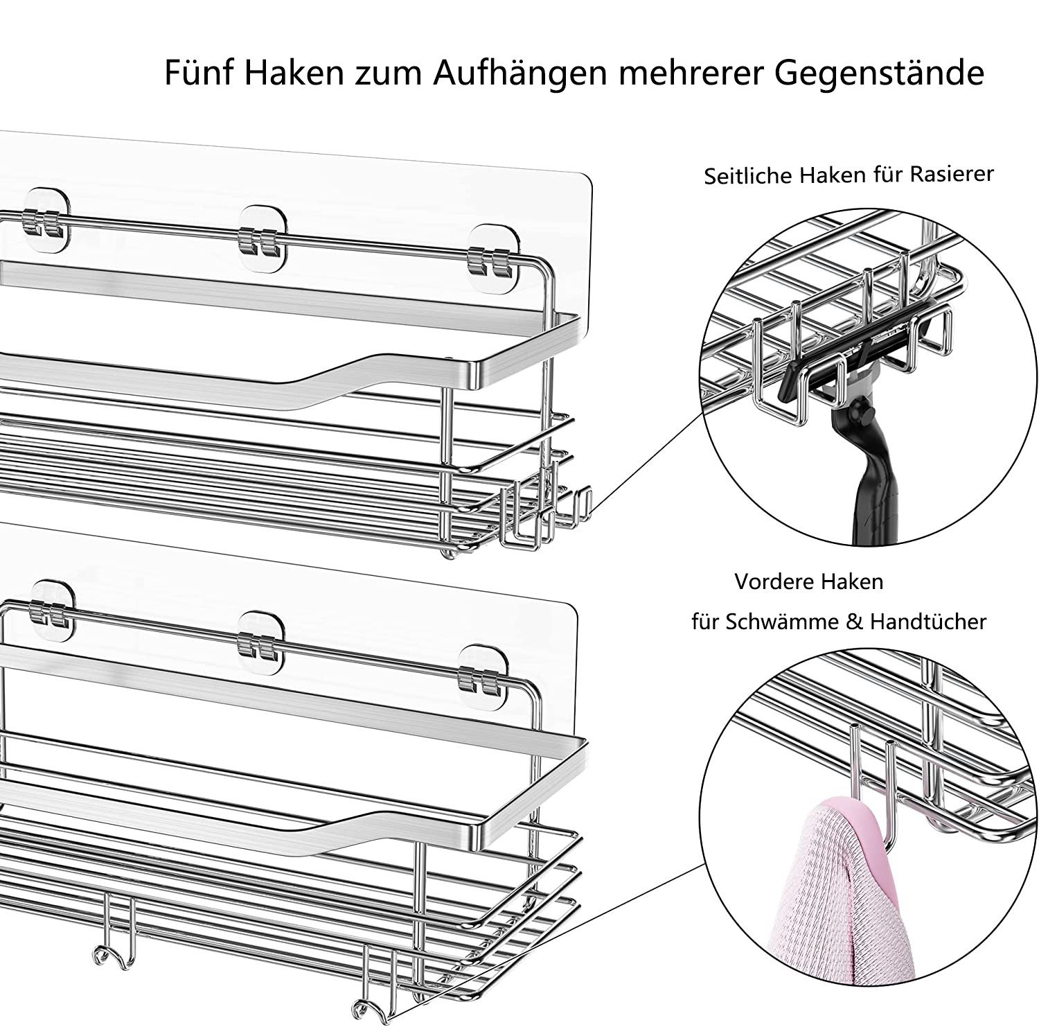 Refined Living Duschregal Duschablage ohne Bohren,Edelstahl Duschablage mit 5 Haken,2 Stück, Duschkörbe für Bad Küche Toilette,Duschregal,Badezimmer Regal Organ – Bild 4 von 5