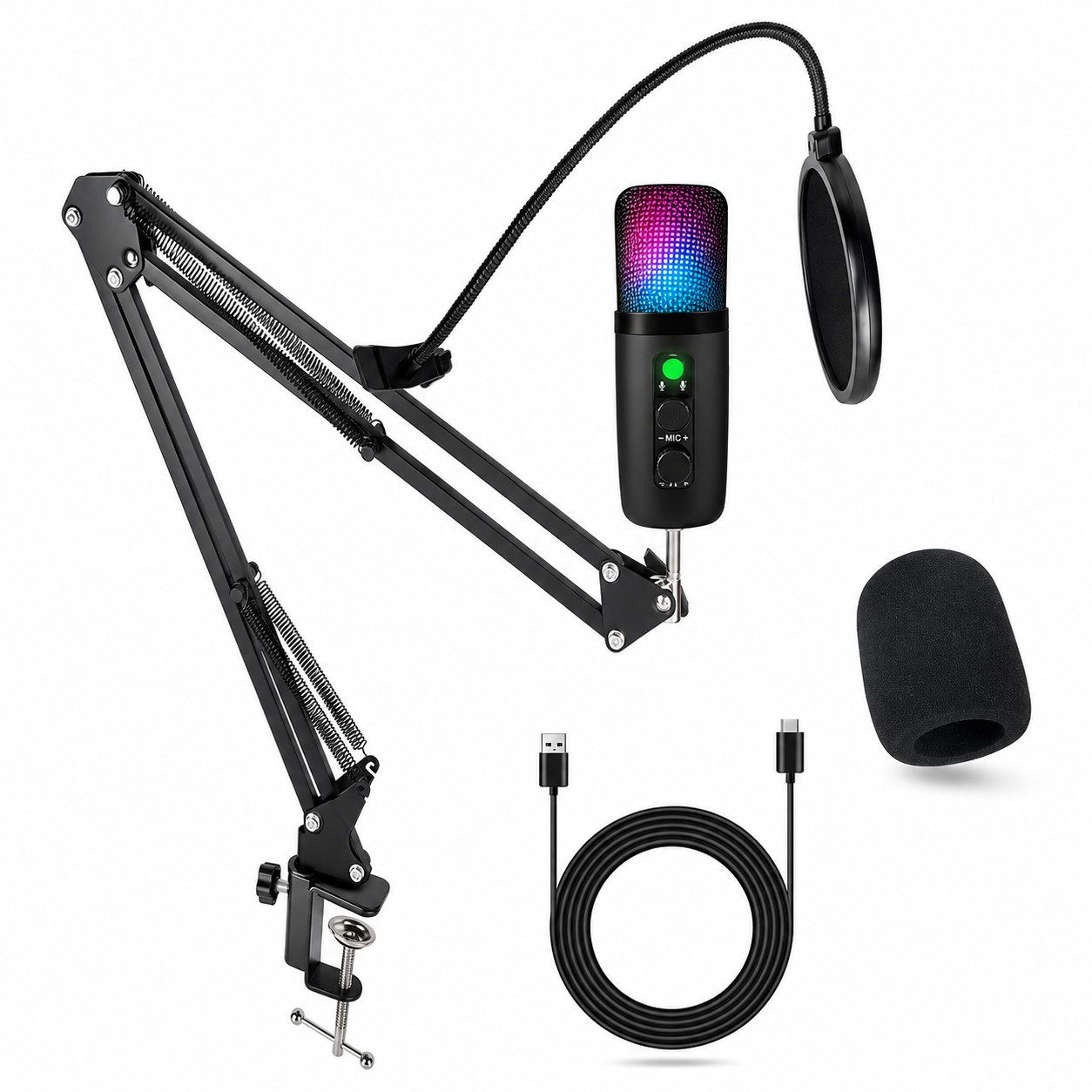 Toomoke Mikrofon USB Mikrofon Set mit Mikrofonarm, Gaming Kondensator RGB (mit Geräuschreduzierung, Stummschaltung und Kopfhörer Monitoring, Type-C-Adapter), (Set, 7-tlg), Streaming-Mikrofon,für Streams & Podcast
