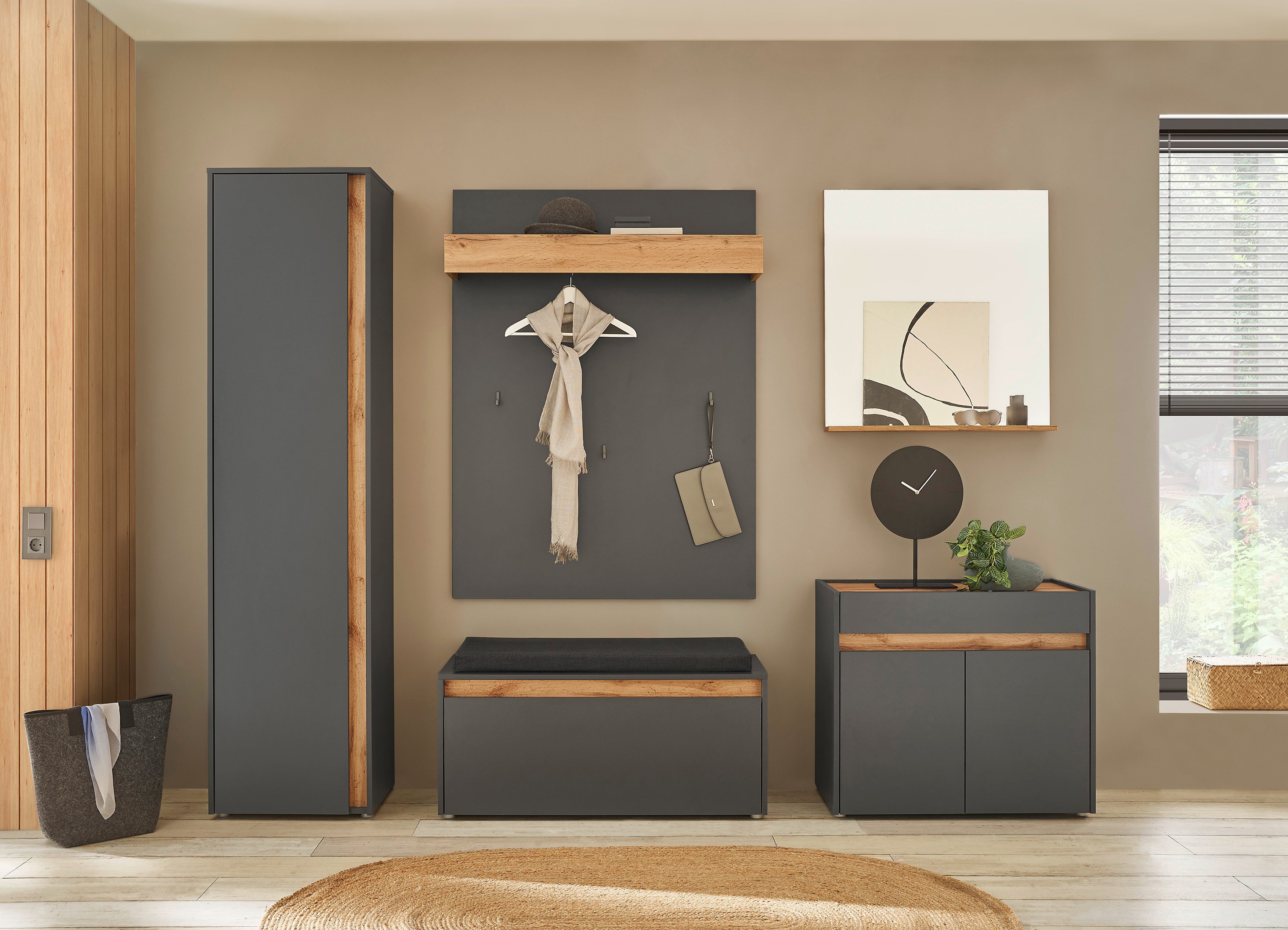 INOSIGN Шкафы-Set GIRON/CiTY, moderne Garderobe, Komplettset mit viel Stauraum, (Komplett-Set, 5-St), enthält Schrank, Kommode, Spiegel, Paneel & Schuhbank +Sitzkissen
