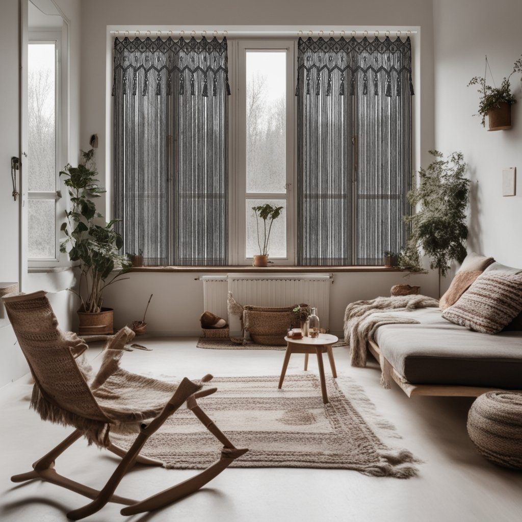 Cozyor Vorhang Makramee 132 x 200 cm mit Vorhangstange 70-120 cm, Boho Gardine (1 St), Ösen, Baumwolle, Raumteiler schwarz Eclipse, Boho Wandteppich, Türvorhang – Bild 5 von 5
