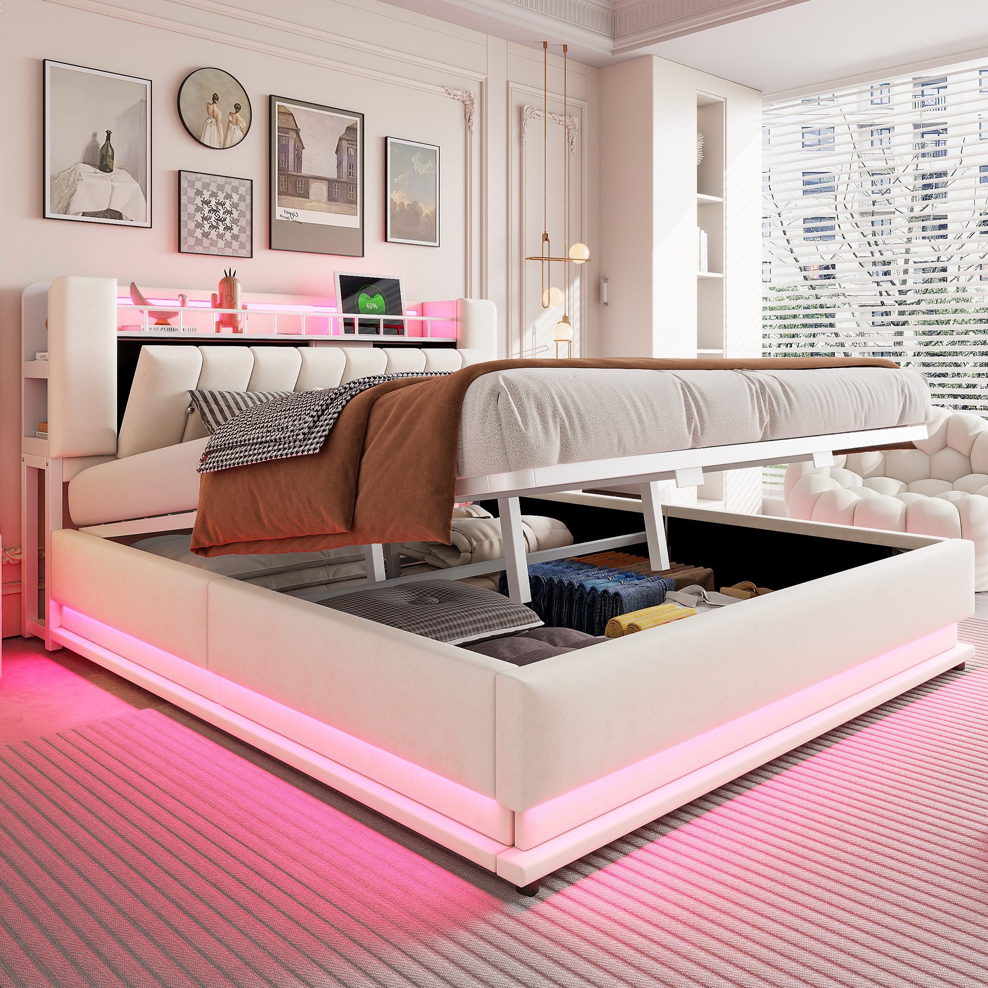 Merax Polsterbett mit LED-Beleuchtung und USB-Anschluss (Metalllattenrahmen & Samtbezug, 1-tlg., Kinderbett Einzelbett Mehrzweckbett Stauraumbett), Doppelbett 180×200cm mit hydraulischem Stauraum & Kopfteilfach, Samt