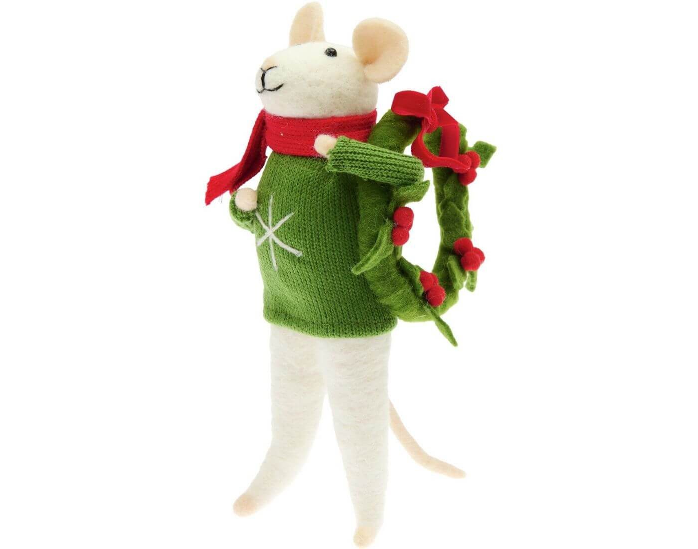 Rico Design Weihnachtsfigur Filz-Maus mit Ilexkranz und grünem Strickpulli