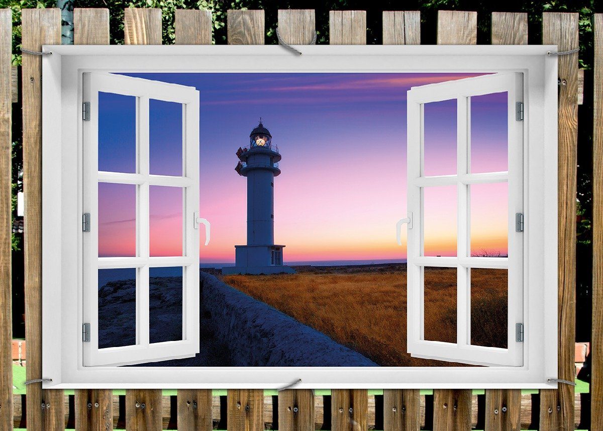 Thumbnail - Wallario Sichtschutzzaunmatten Leuchtturm am Abend auf den Balearen Malerischer Himmel, mit Fenster-Illusion