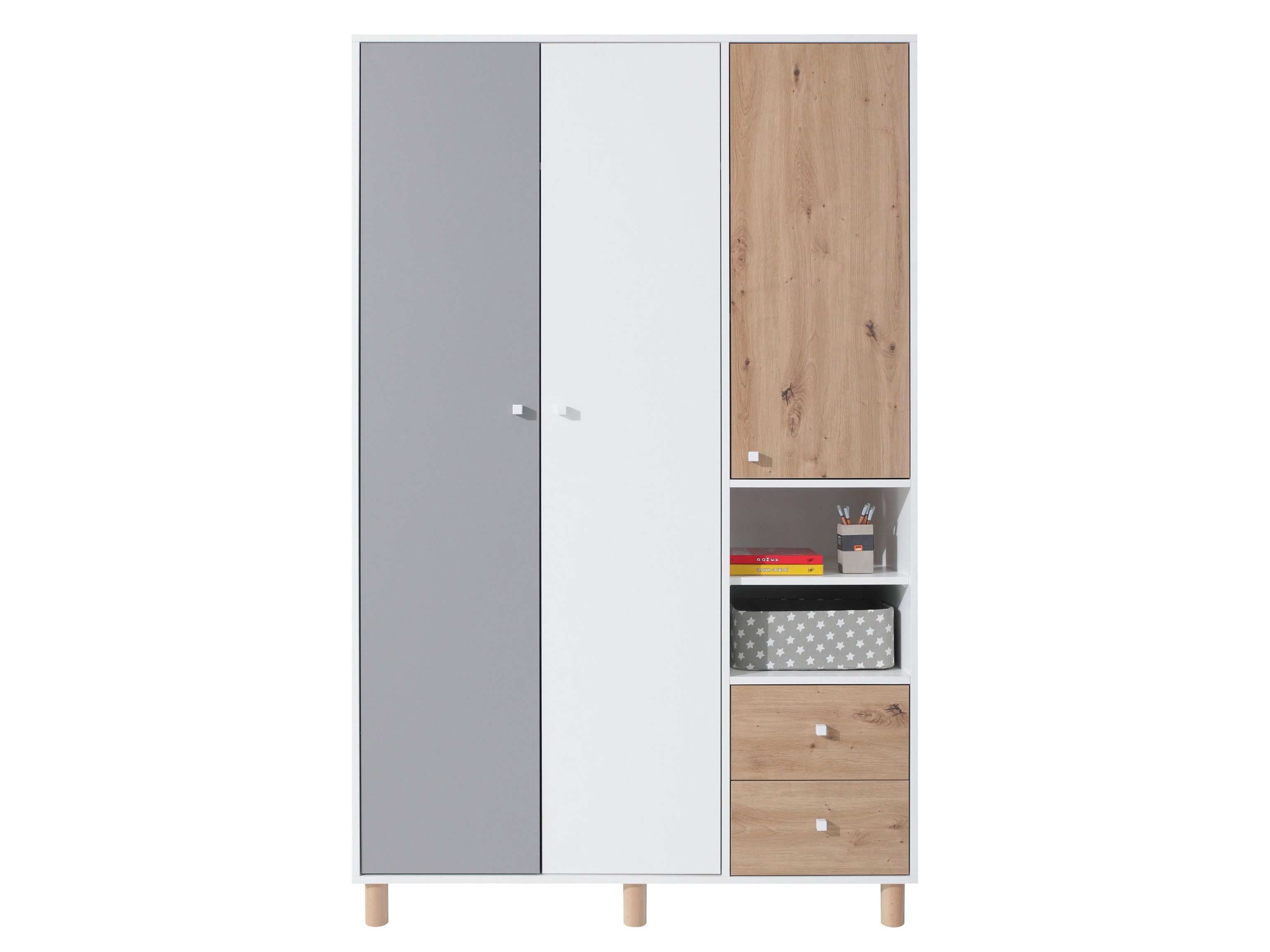 Beautysofa Kinderkleiderschrank FIGO mit 3 Türen und 2 Schubladen (Kinderzimmer & Jugendzimmer Schrank, mit Kleiderstange und Regalböden) Breite: 120 cm