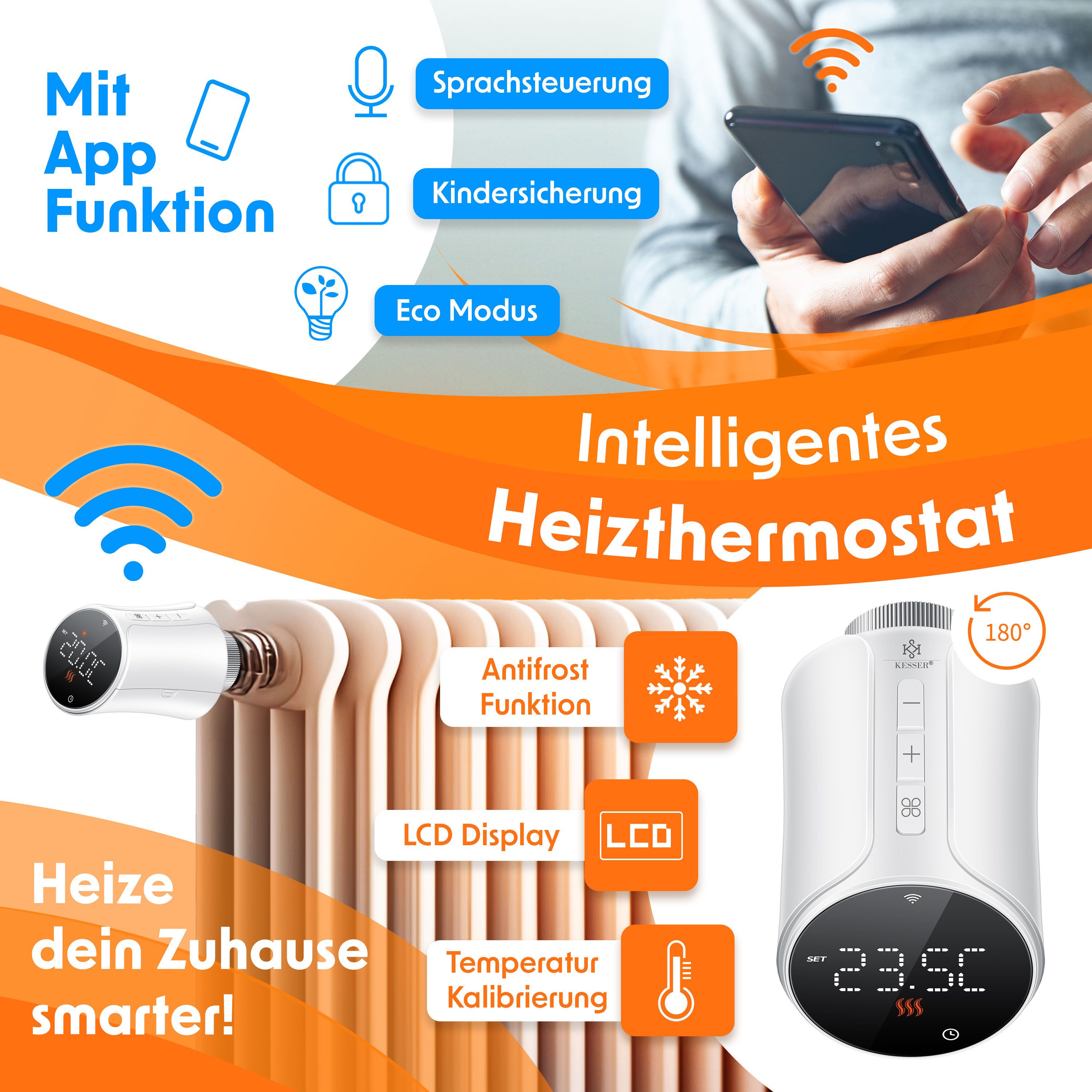 KESSER Heizkörperthermostat, Heizungsregler Smart Home Heizungssteuerung mit WLAN & APP Steuerung