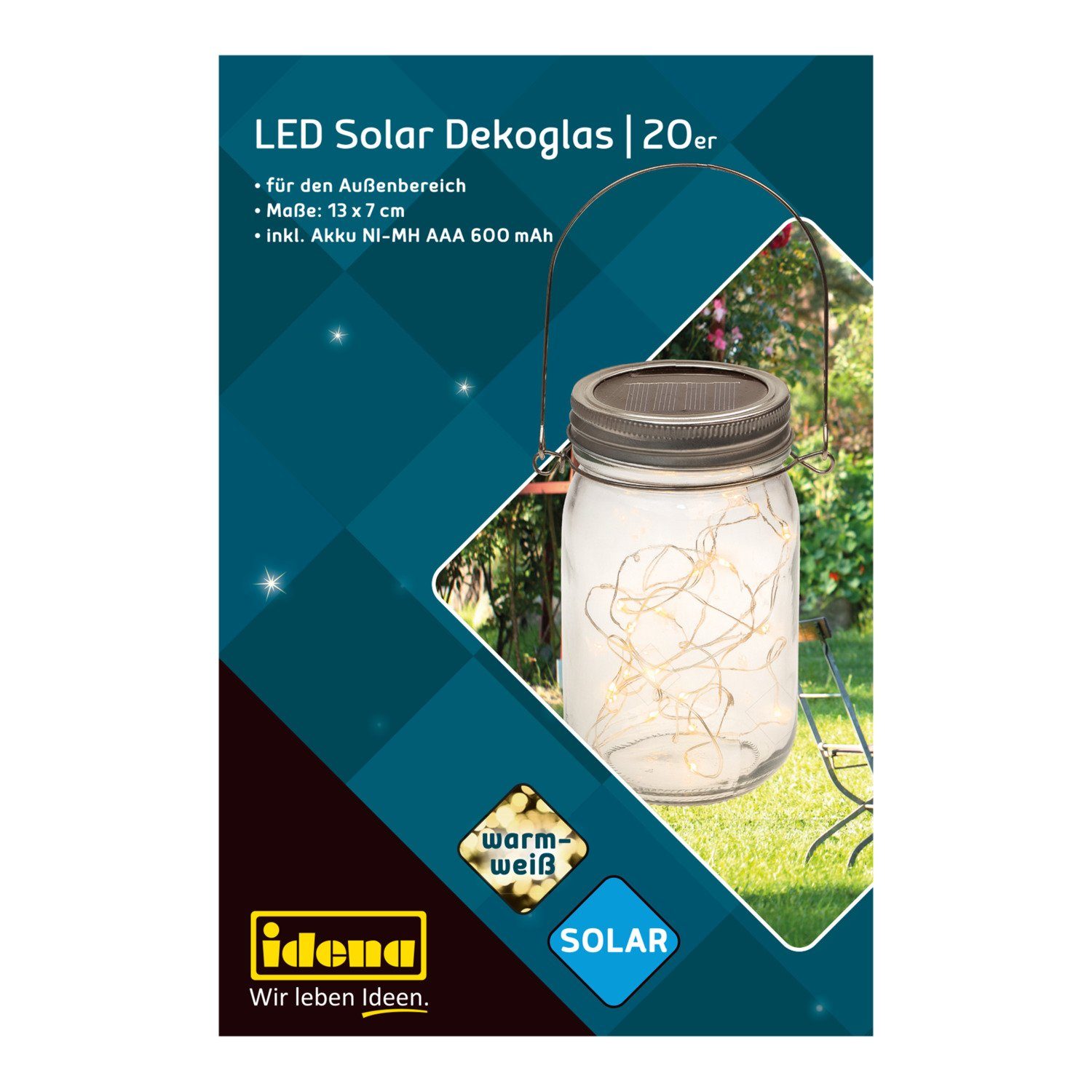 LED - 31343 LED-Lichterkette Glas mit in Warmweiß, Solarlampen Deko für 20 Idena LED Idena