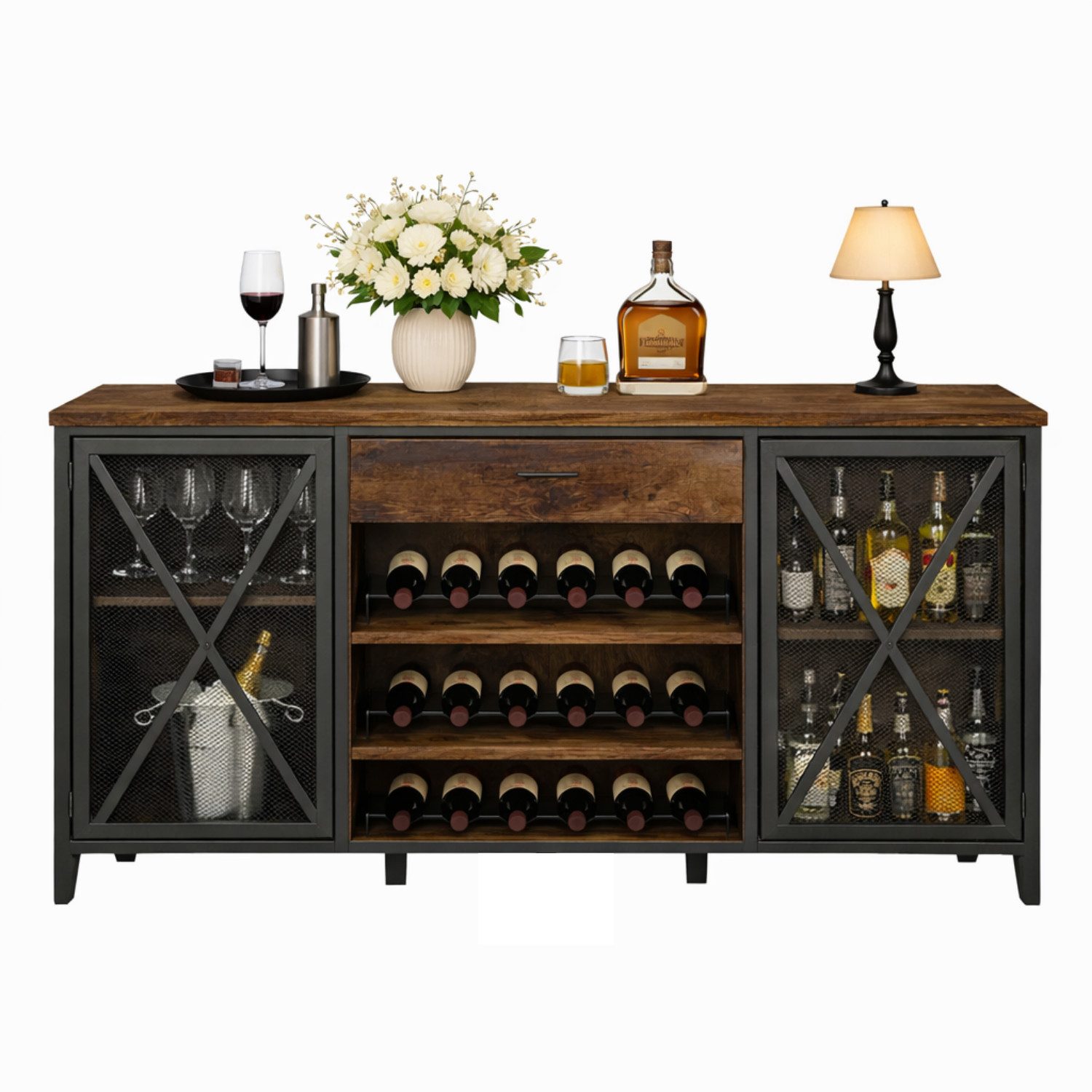 mukuhi Barschrank Weinregal Stauraum Holz Metall Industrial 180cm Weinregal integriert, Gläserhalter