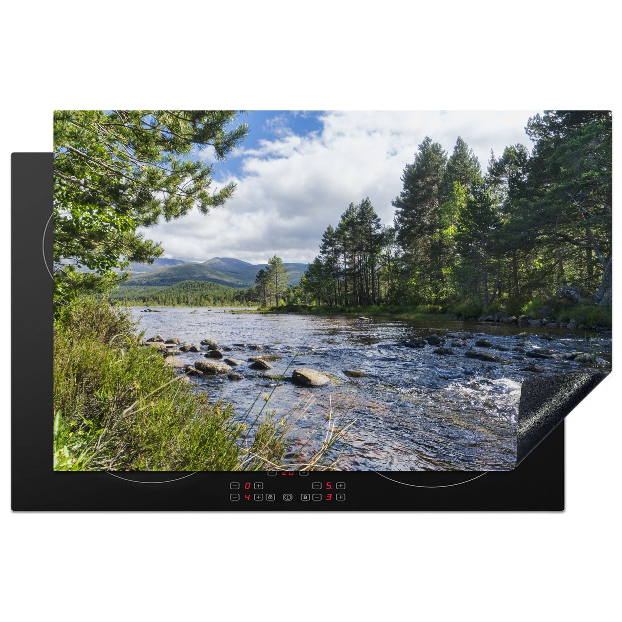 MuchoWow Herdblende-/Abdeckplatte Ruhiger Fluss im Cairngorms-Nationalpark in Schottland, Vinyl, (1 tlg), 81x52 cm, Induktionskochfeld Schutz für die küche, Ceranfeldabdeckung