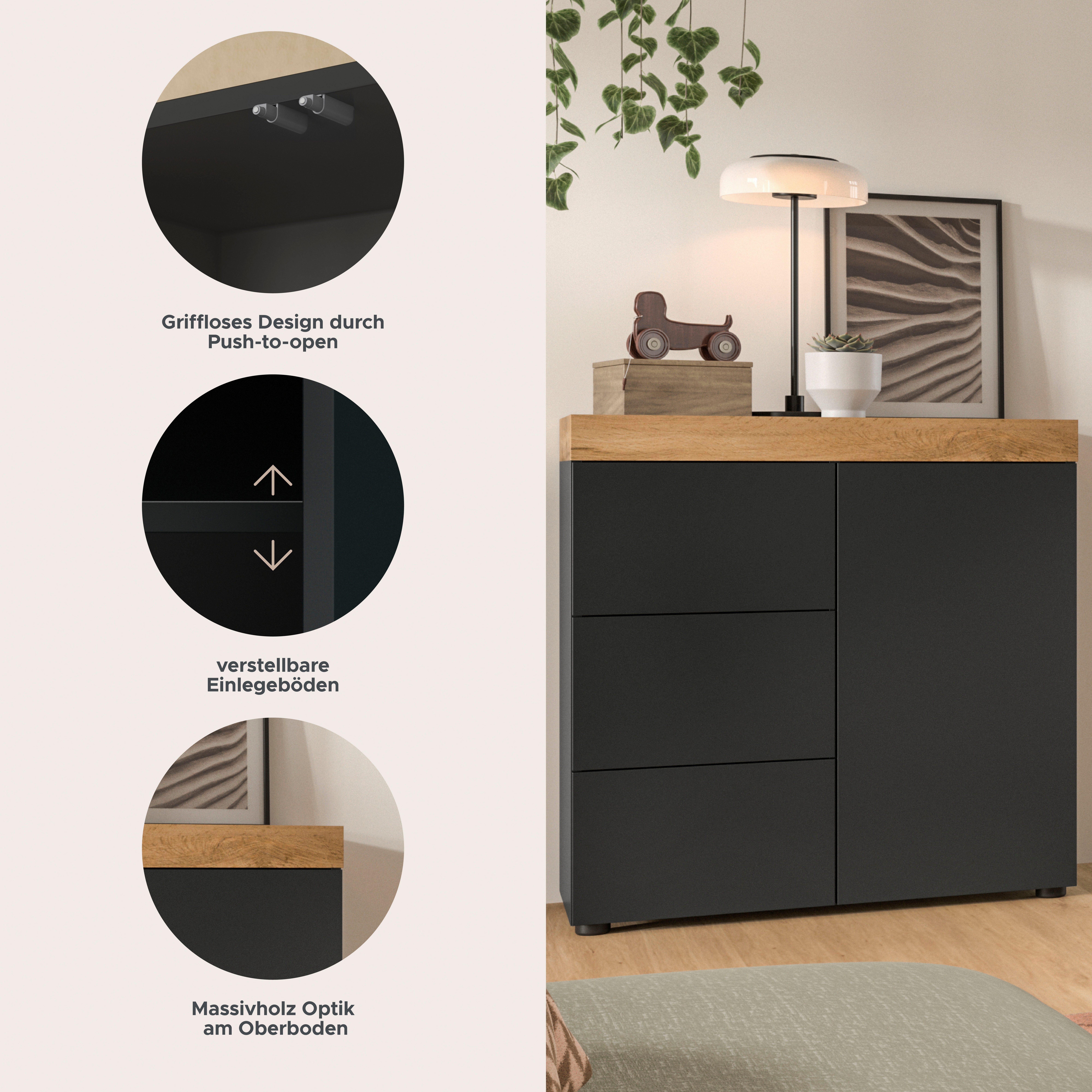 OTTO home Kommode MAMBO, TOPSELLER!, Breite 77cm, 1 Tür, 3 Schubkästen, push-2-open (1 St., 2 farbige Ausführung, in verschiedenen Farben erhältlich), Kommode, Anrichte, Wohnzimmer, Schlafzimmer