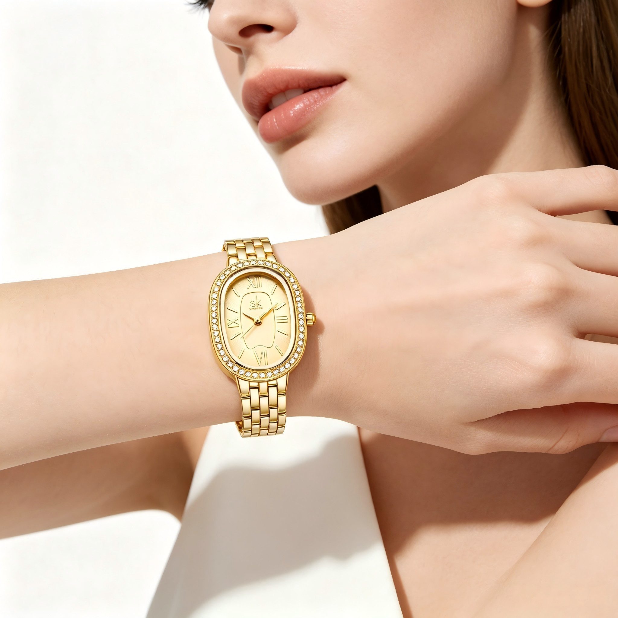 ibettertec Quarzuhr Goldene Uhr Damen, Armbanduhr Damen, Mit Kristallen besetzt, Berufsuhr, (Packung, 3ATM wasserdicht, Geschenk für Frauen), Damenarmbanduhr gold, ovale Uhr mit Kristallen, Quarzuhr elegant