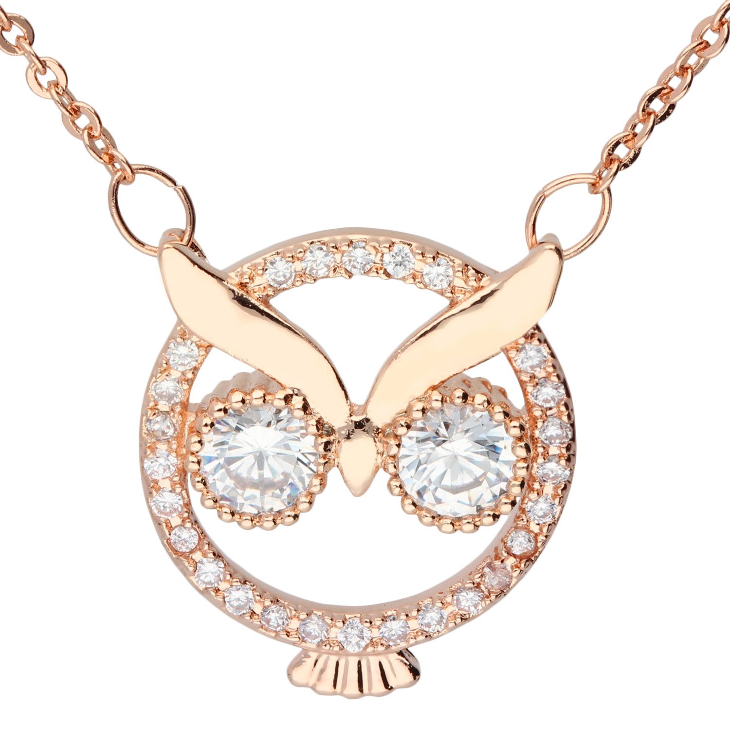 LÖB Kette mit Anhänger 750er Roségold vergoldet Halskette Zirkonia Stein Eule Ring Anhänger (Geschenke für Frauen Beste Freundin Mutter Mama Damen zum Geburtstag Weihnachten Weihnachtsgeschenke), Kette Strass Glitzer Steine 18 Karat Gold Minimalistisch Süß