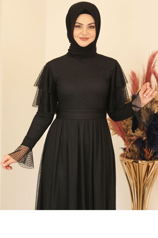 Modavitrini Abendkleid Tüll Hijab Abiye Kleid Schwarz Abaya aus gepunktetem Tüllkleid