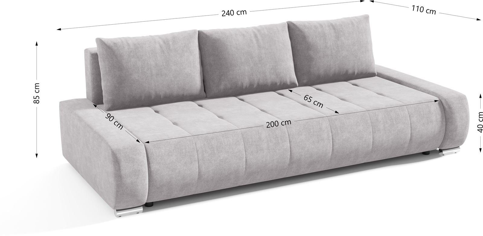 Sitzer modern Freistehendes, 3 Schlaffunktion, (aston 15) Polstersofa, Bettkasten, Velours, aus Beautysofa Draco, mit Schlafsofa Hellgrau