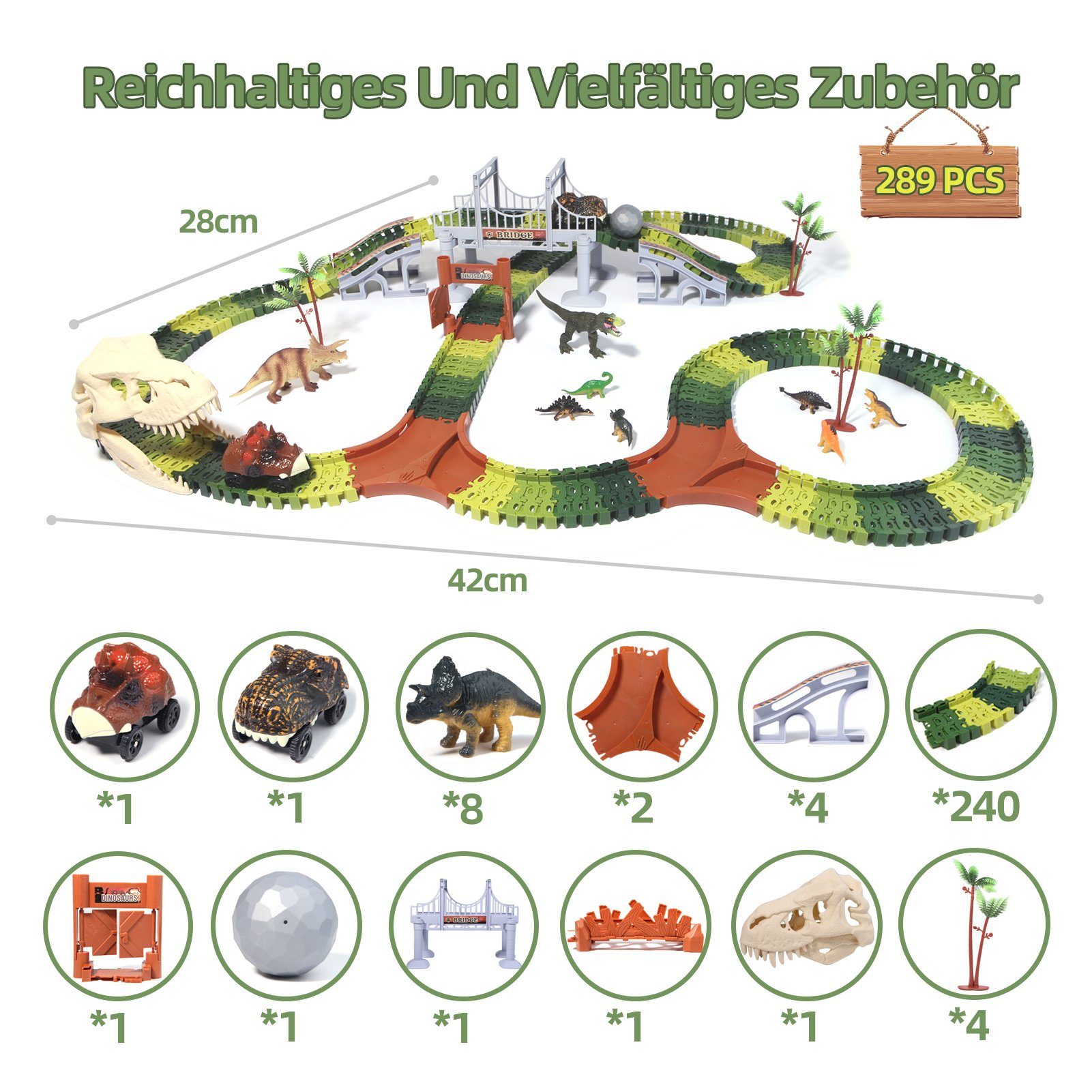 Esun Autorennbahn 289 Stück Rennstrecke Dinosaurier Spielzeuge Flexible Zugbahnen, (Set, 289-tlg), mit 2 dino auto, Geschenk Junge Mädchen 3 4 5 6 Jahre