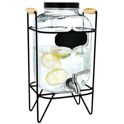 Navaris Getränkespender, 5 Liter aus Glas - Zapfhahn aus Edelstahl und Ständer - Wasserspender Glasbehälter für kalte Getränke
