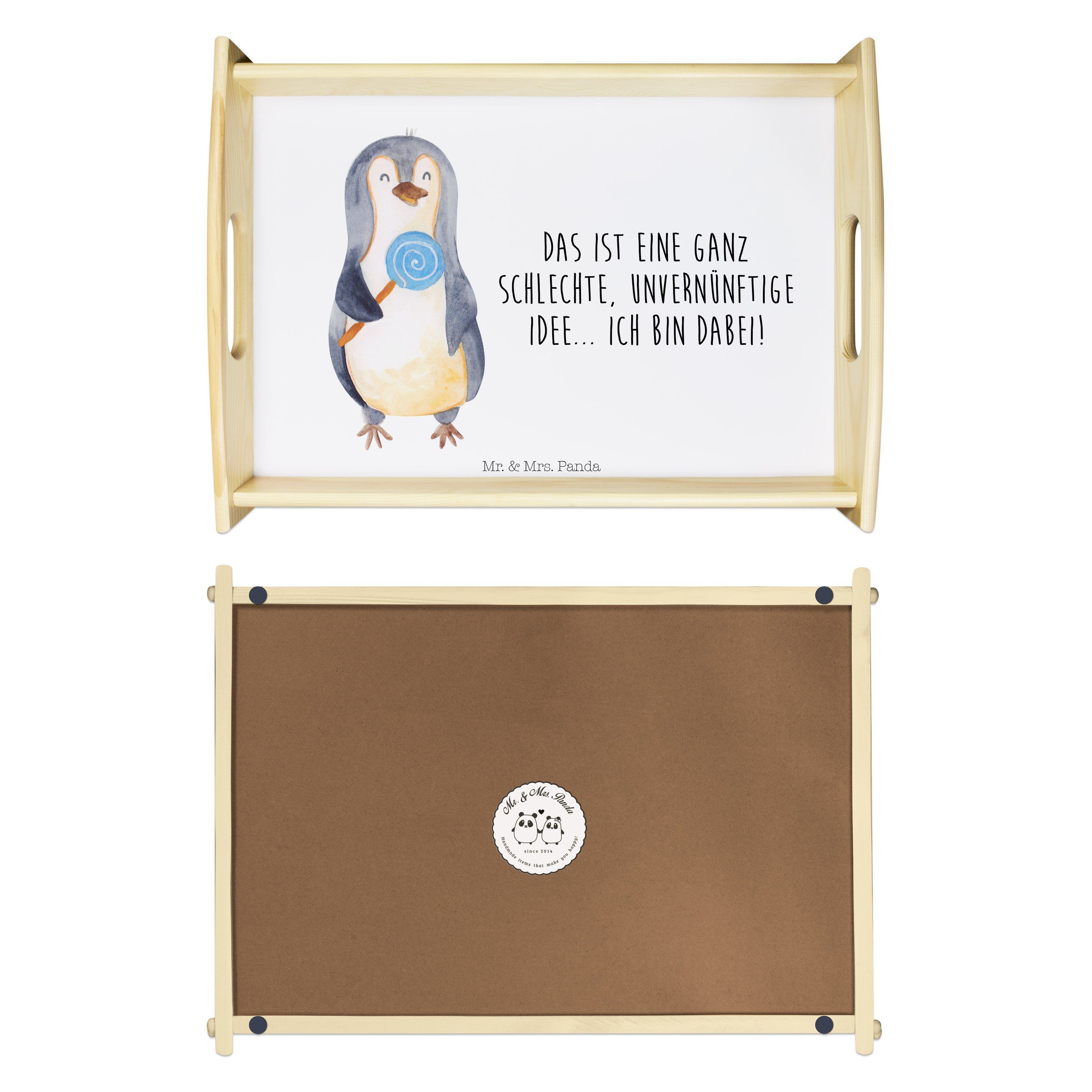 Mr. & Mrs. Panda Tablett Pinguin Lolli - Weiß - Geschenk, Tablett, Kind, Süßigkeiten, Frühstüc, Echtholz lasiert, (1-tlg)