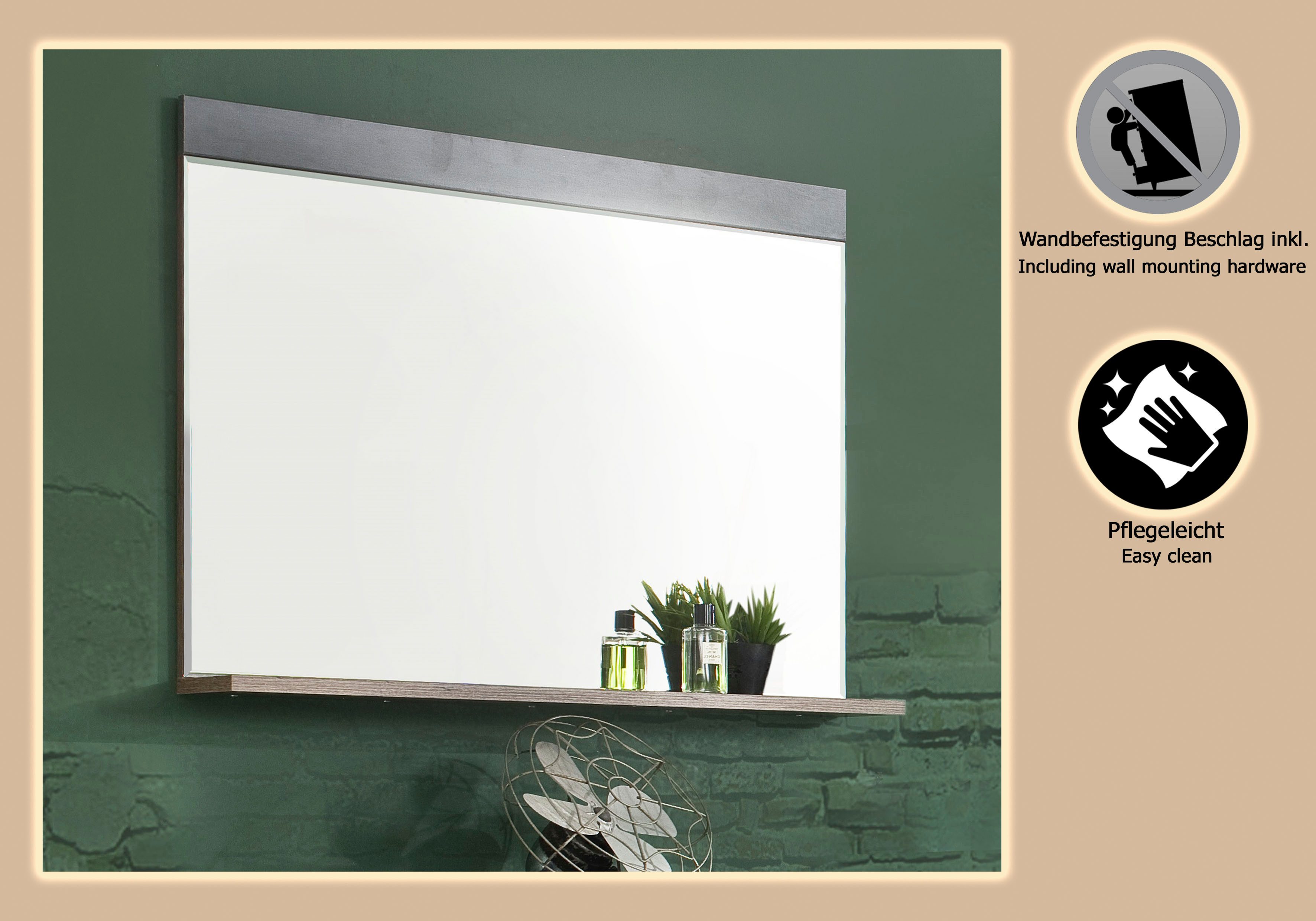 Home affaire Garderobenspiegel Ilana, Spiegel mit Ablageboden - (B/T/H) 90/16/69 cm