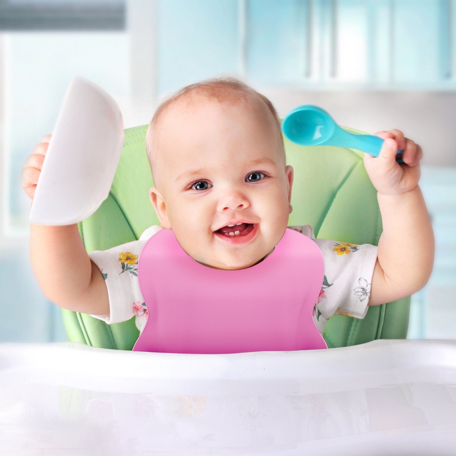 Kinder Babyernährung Intirilife Lätzchen, Baby Lätzchen in ROSA aus Silikon mit Auffangschale BPA-frei spülmaschinenfest einfach
