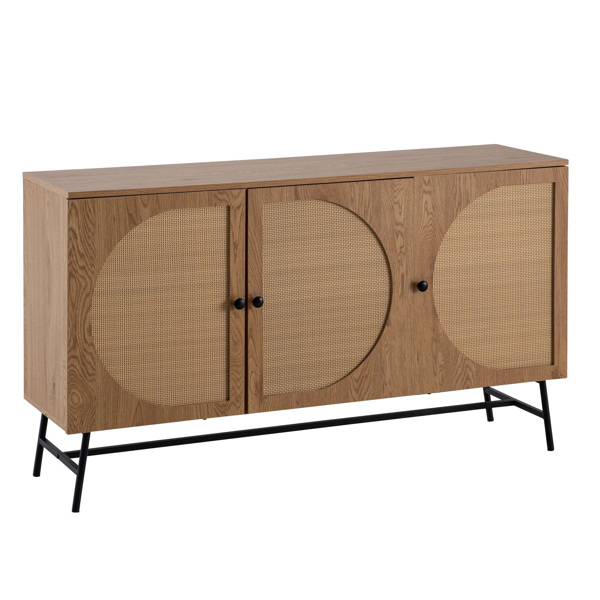 KADIMA DESIGN Kommode Sideboard 140x80x39 cm Kommode Eiche-Dekor mit Rattan Geflecht (Wohnzimmer), Modern, Hoher Kommodenschrank, Standschrank mit 3 Türen, Anrichte