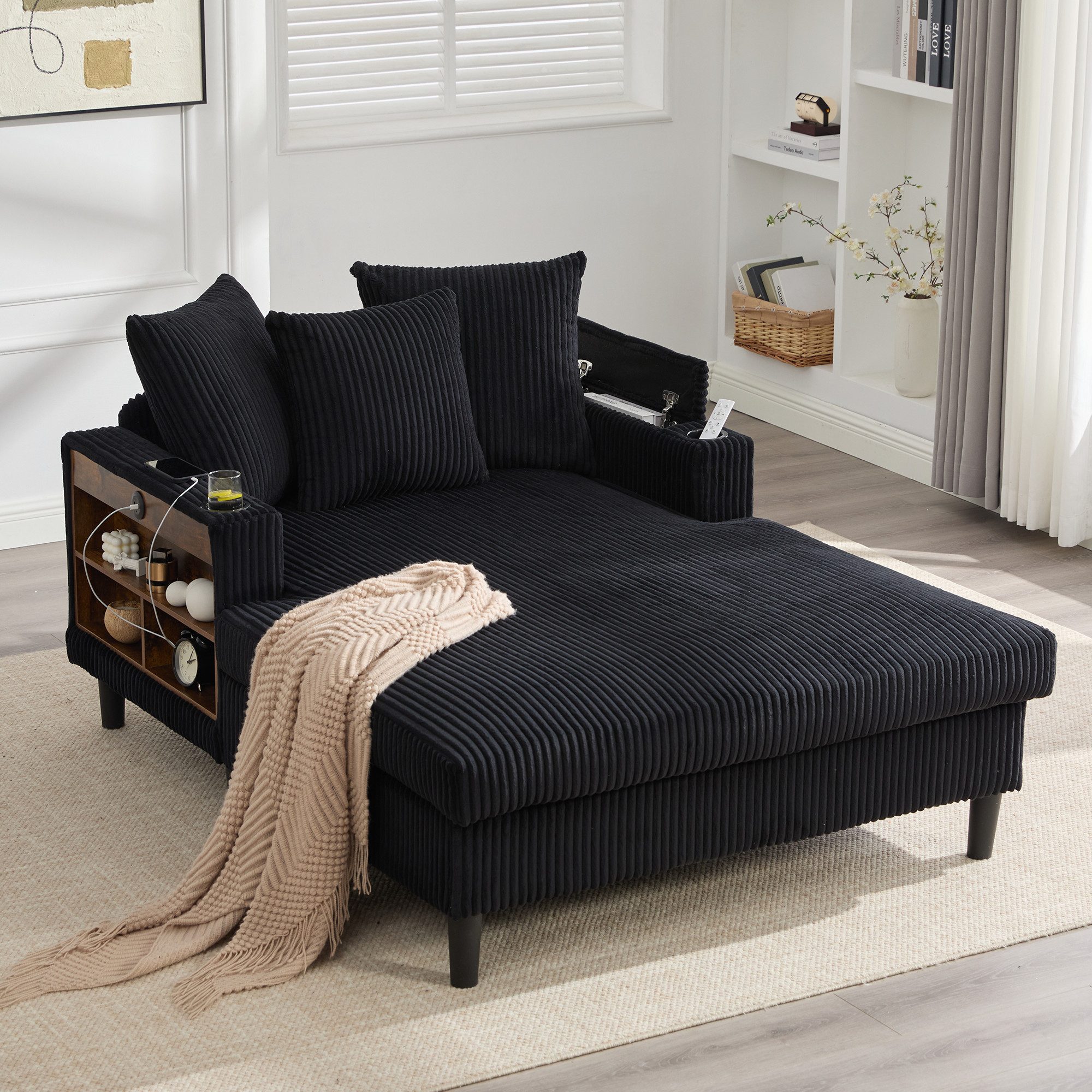 OKWISH Sofa Schlafsofa Loungesofa, mit Chaiselongue und großer Liegefläche, inkl. LED-Beleuchtung, USB-Ladeport, beidseitigen Becherhaltern & Stauraum, Wohnsofa mit Seitentasche und stabilen Füßen