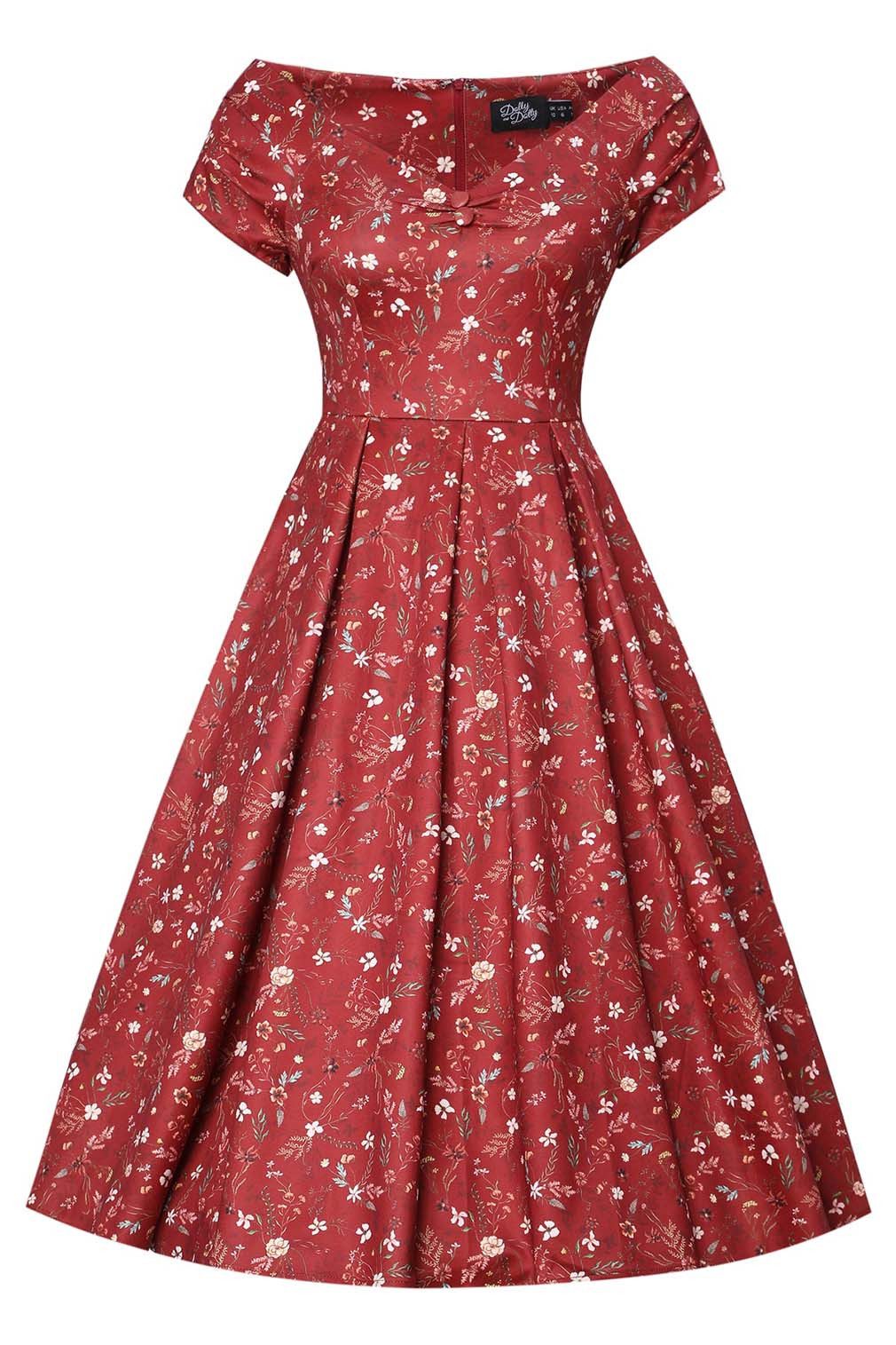 Dolly and Dotty A-Linien-Kleid Lily Red Ditsy Floral Off-Shoulder Vintage Retro