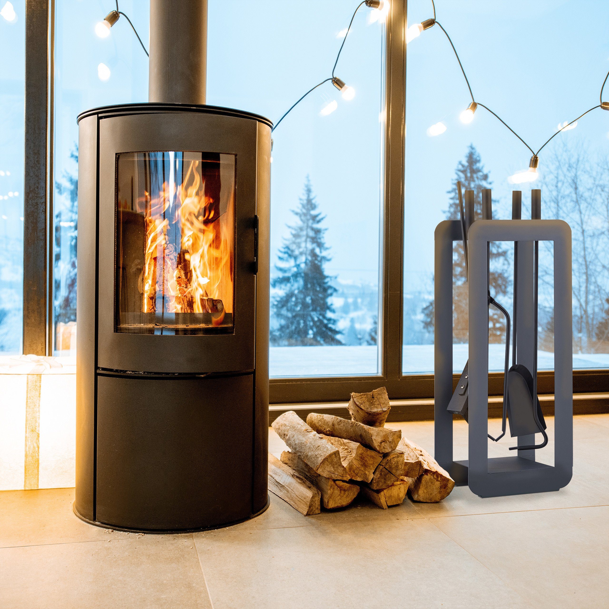 relaxdays Kamingarnitur 5-teiliges Kaminbesteck in Grau/Schwarz